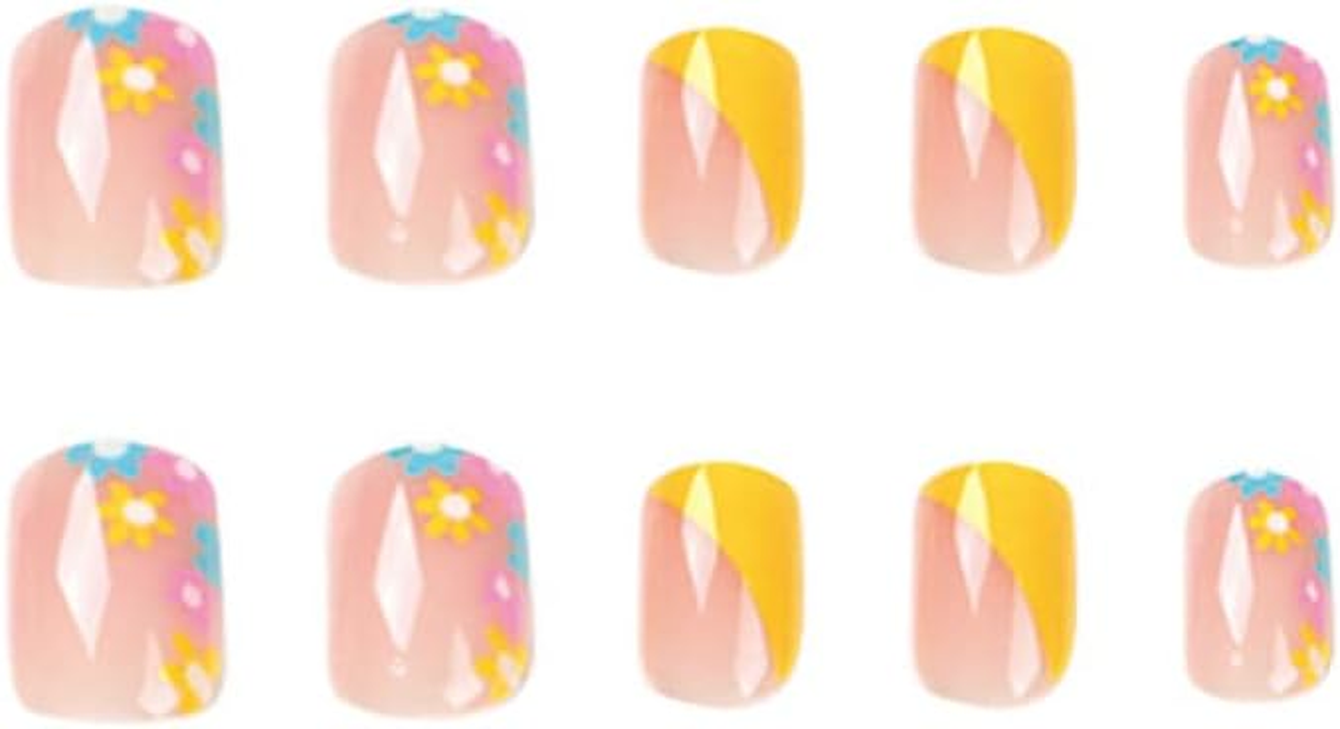Yellow Short Square Shape Press on Nails, 24 PCS Artificial Fake Nails with Flower Decoration Design Full Cover French False Nails,For Women and Girls Nail