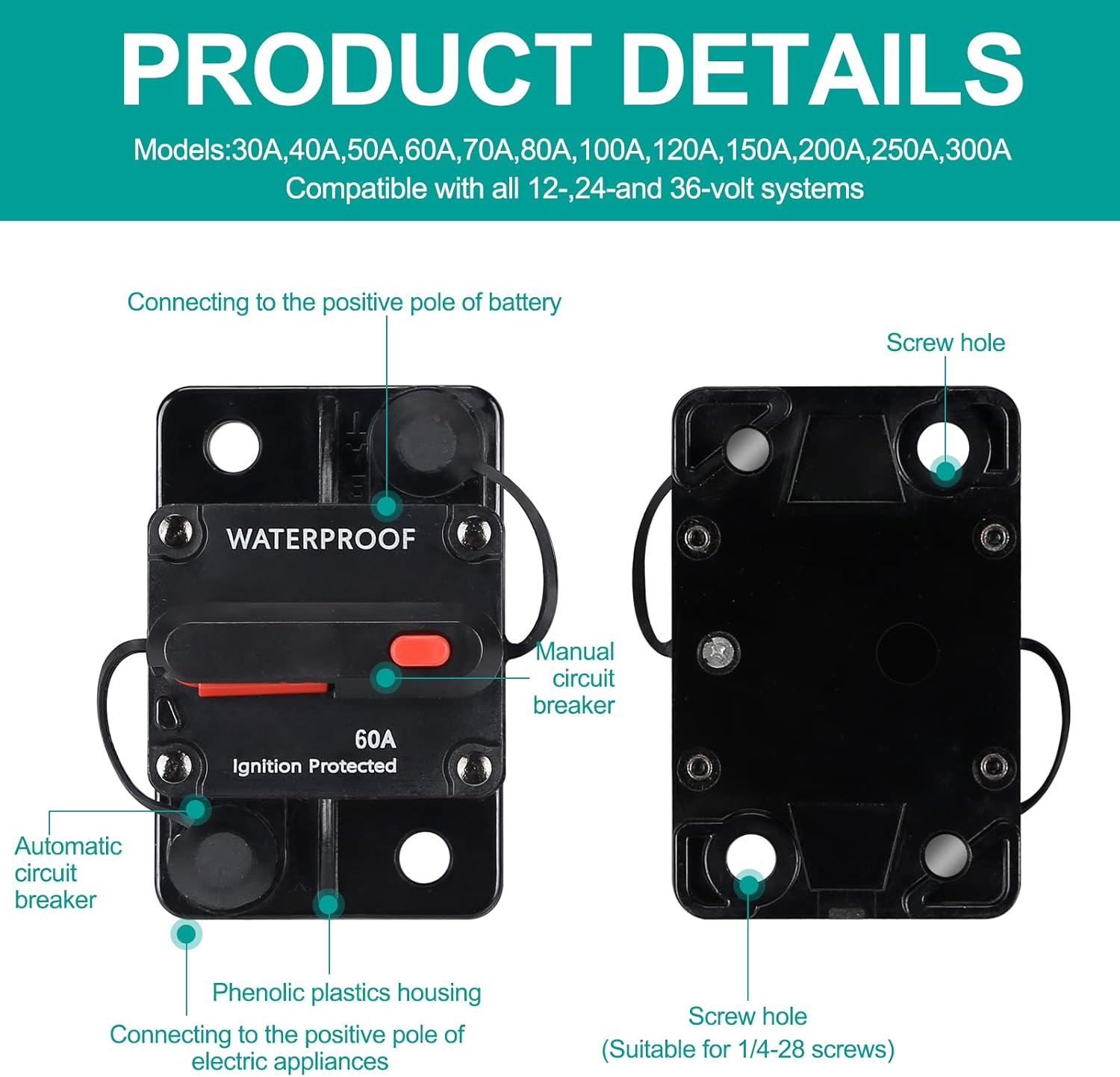 60 Amp Waterproof Circuit Breaker,With Manual Reset,12V-48V DC, for Car Marine Trolling Motors Boat ATV Manual Power Protect for Audio System Fuse image number 2
