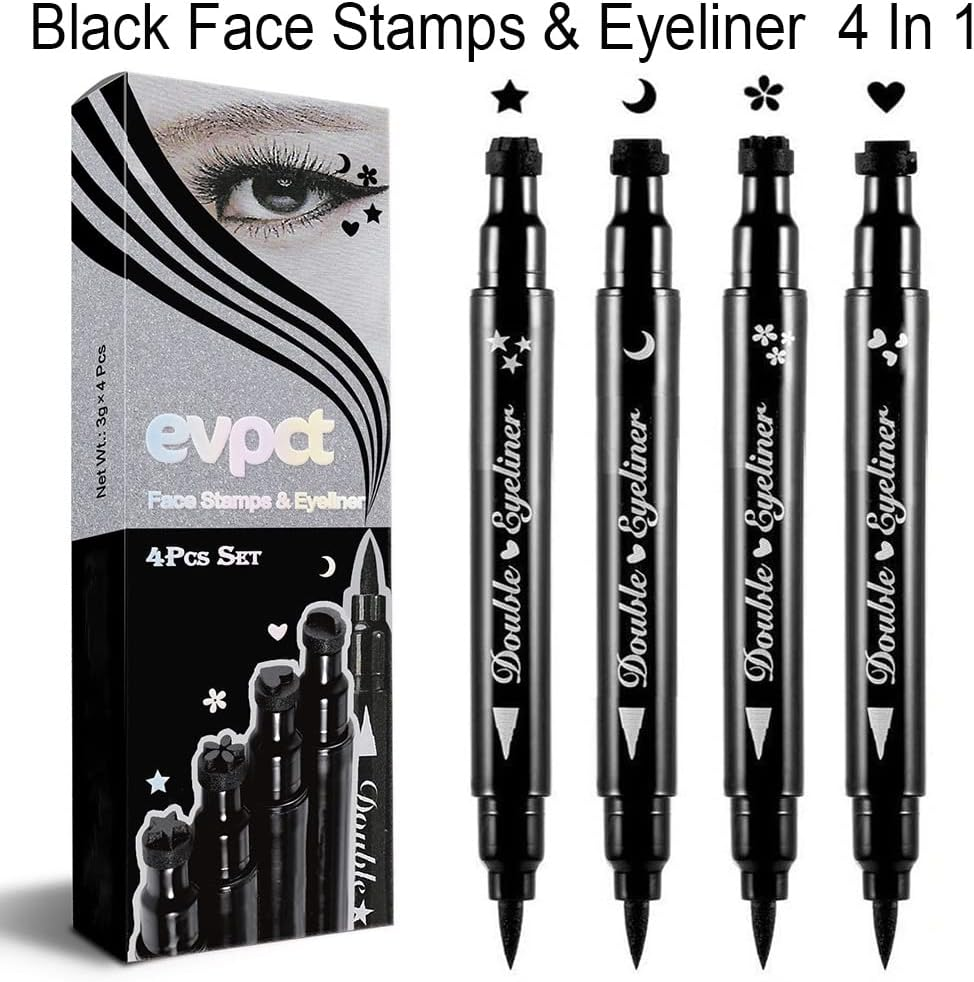 Evpct 4In1 Star Flowers Hearts Moon Face Stamps Eyeliner Makeup Set, Black Colored Liquid Winged Wing Eyeliner Stamp Wingliner, Waterproof, Star Eye Liner Stamp Figures Tool image number 5