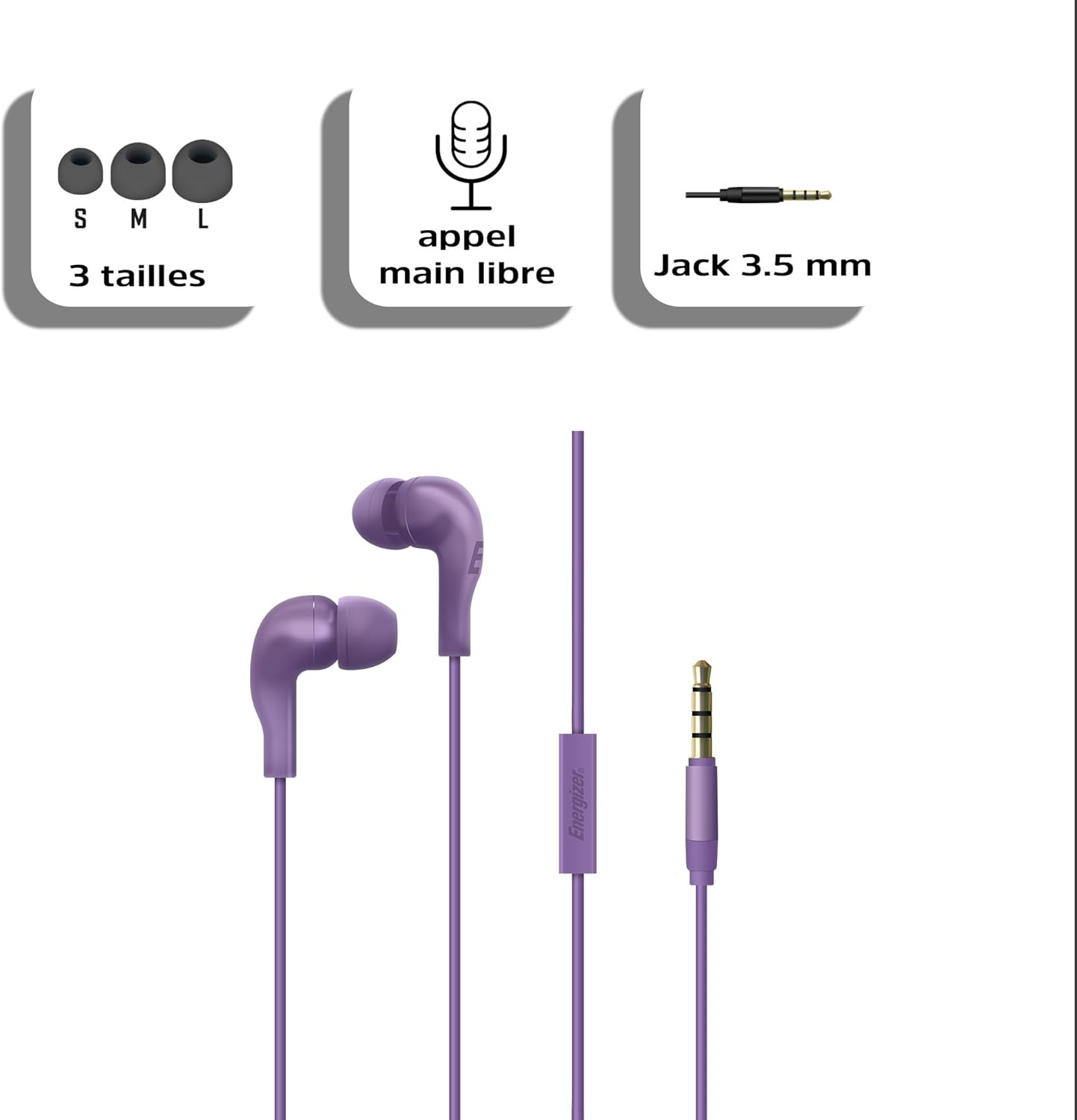 Energizer - Wired In-Ear Headphones, 1 Button Remote Control - Connectors: 3.5 Mm Jack Cable - Colour: Purple