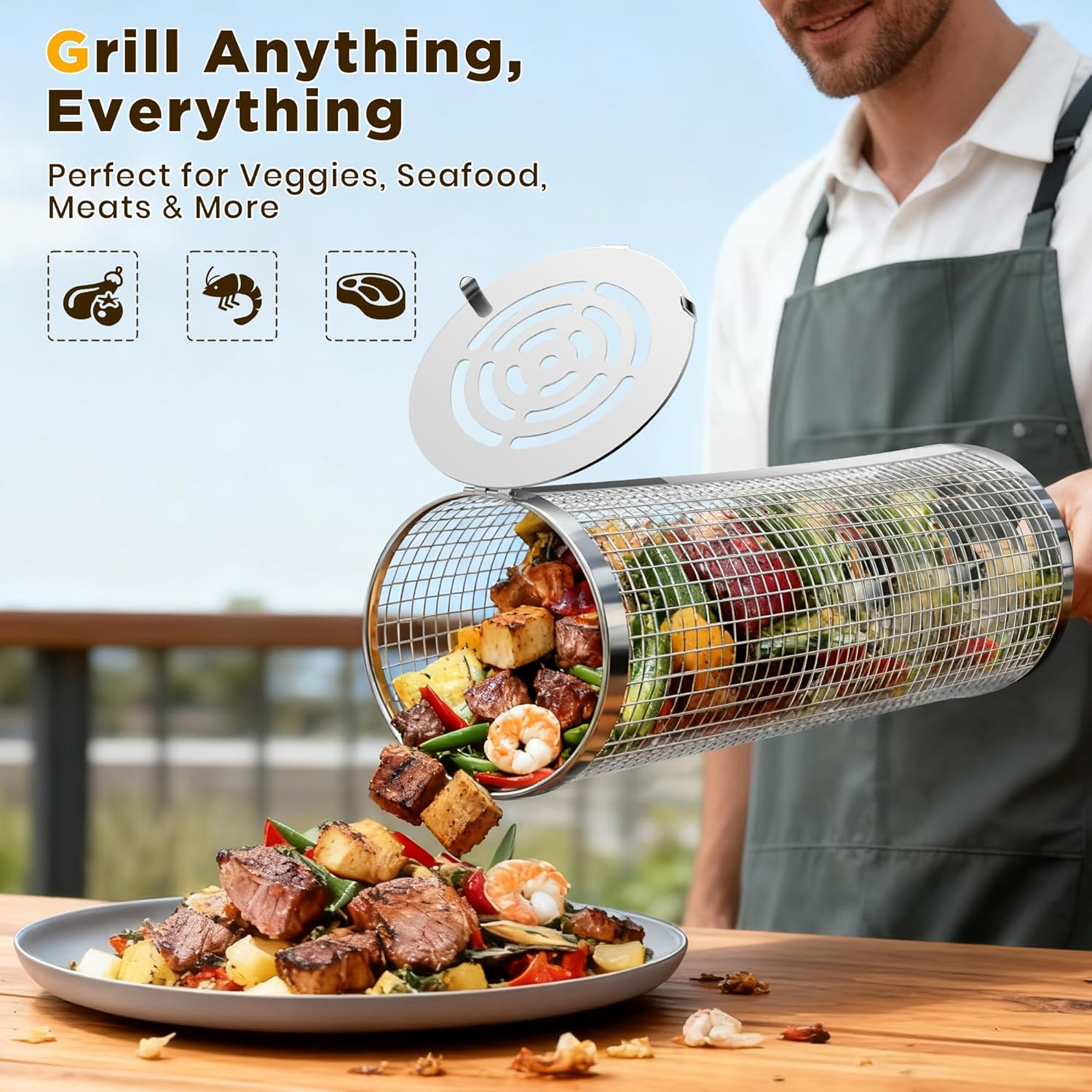 2PCS Rolling Grill Baskets with Removable Wooden Handle, 304 Stainless Steel, Nesting Grilling Net, BBQ Accessories Tools for Vegetables Shrimp, Outdoor Grilling Cookware