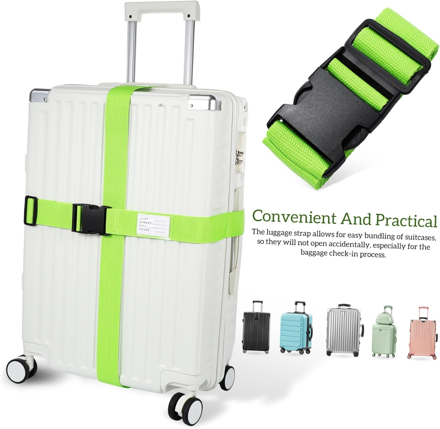 Veemoon 4Pcs Fluorescent Green Suitcase Straps Adjustable Luggage Belts with Polypropylene Fiber for Secure Travel Luggage Reinforcement and Easy Identification image number 3