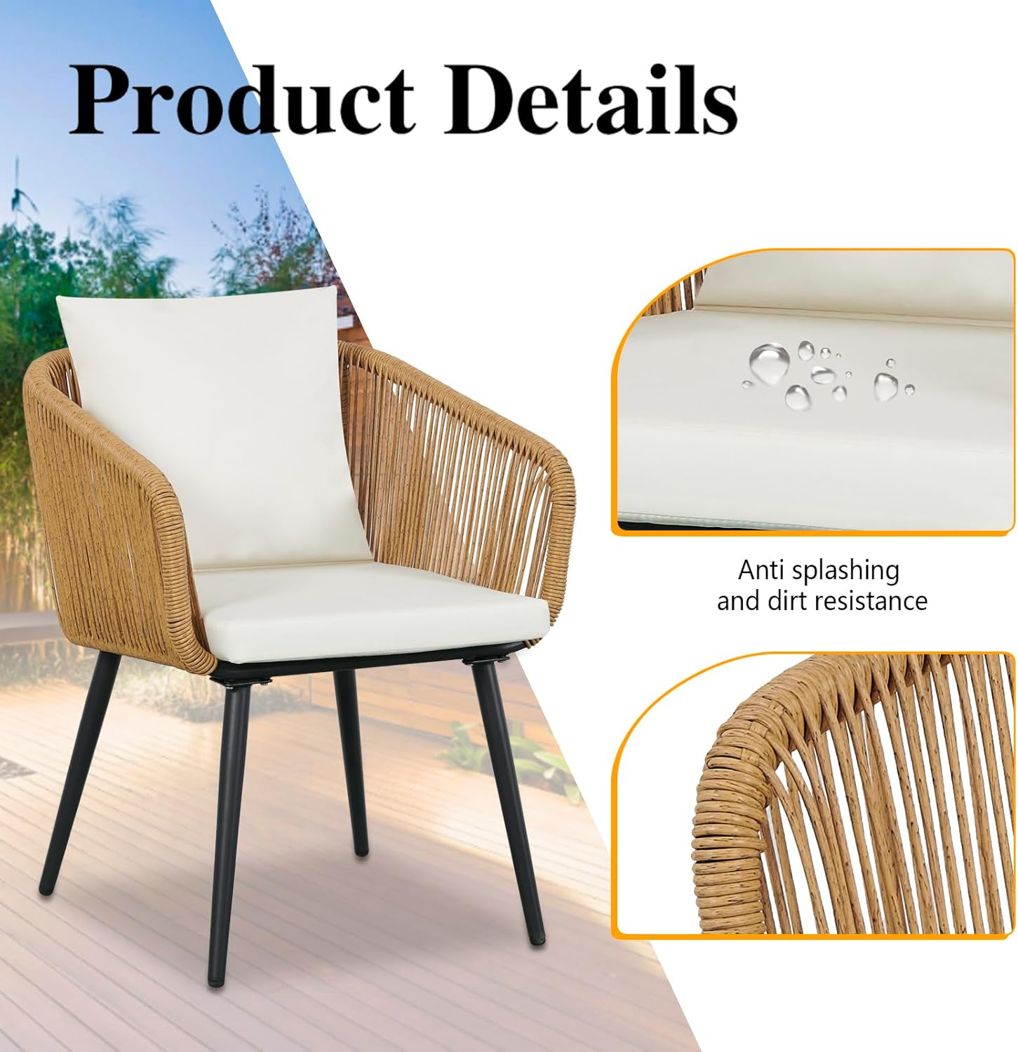 YIYAN 3-Piece Patio Bistro Set with Folding Rattan Chairs and round Table - Small Outdoor Furniture for Balcony image number 5