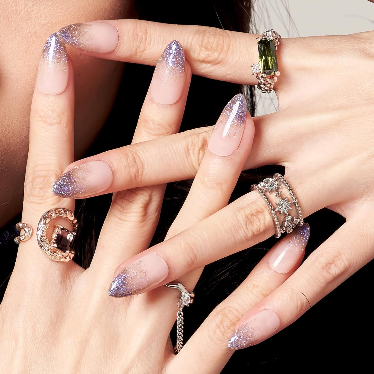 Black Press on Nails Coffin, GLAMERMAID Black Flase Nails Medium Long Reusable Acrylic Fake Nails with Glue, 24Pcs Black Black Glitter Stick on Nails Kits Full Cover with Design for Women Girls