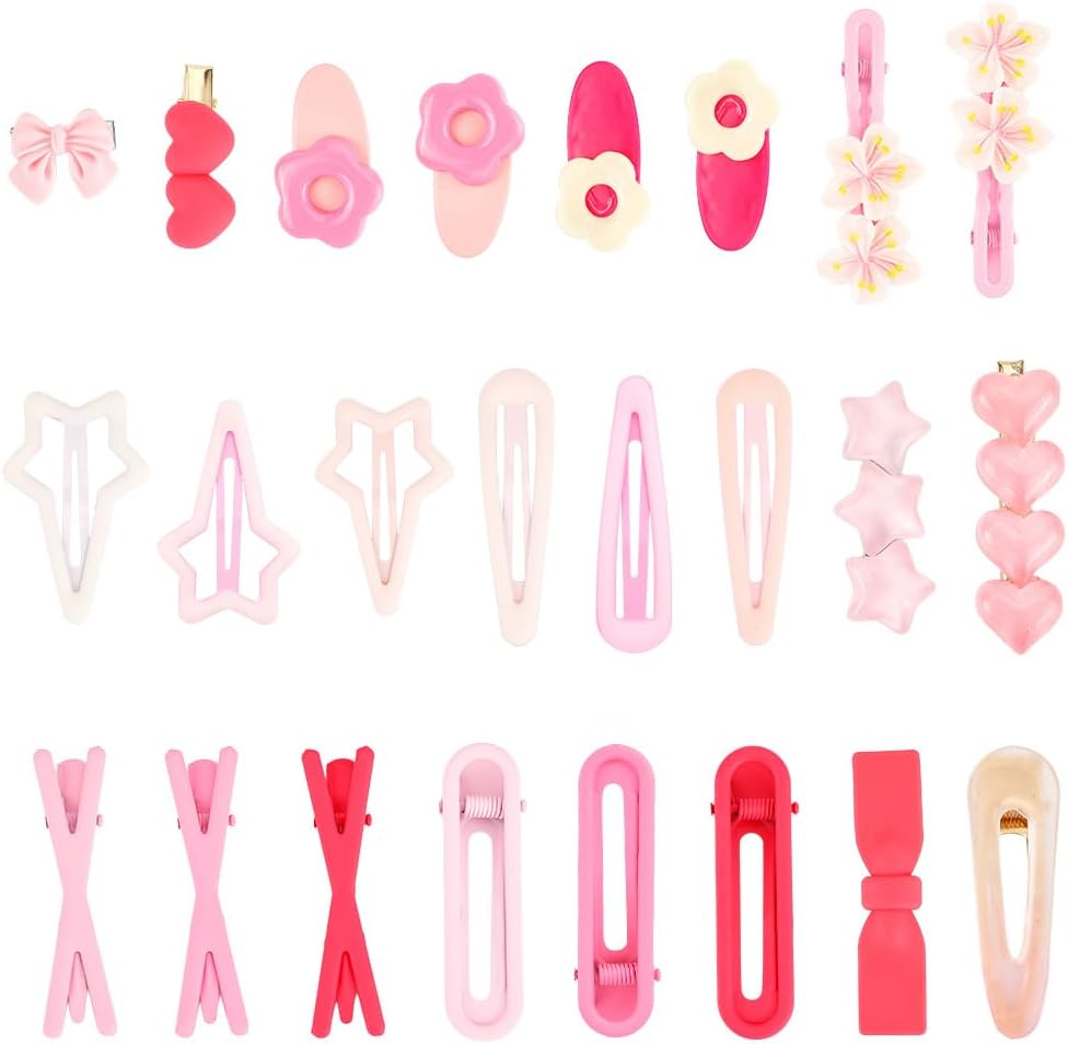 SOFPLATE Pack of 24 Kawaii Hair Clips, Aesthetic Hair Clips, Pink Bow, Alloy, Colourful, Star, Flowers, Elegant Decorative Iron Alligator Headpiece, Bobby Pins, Accessories for Long Short Party image number 3