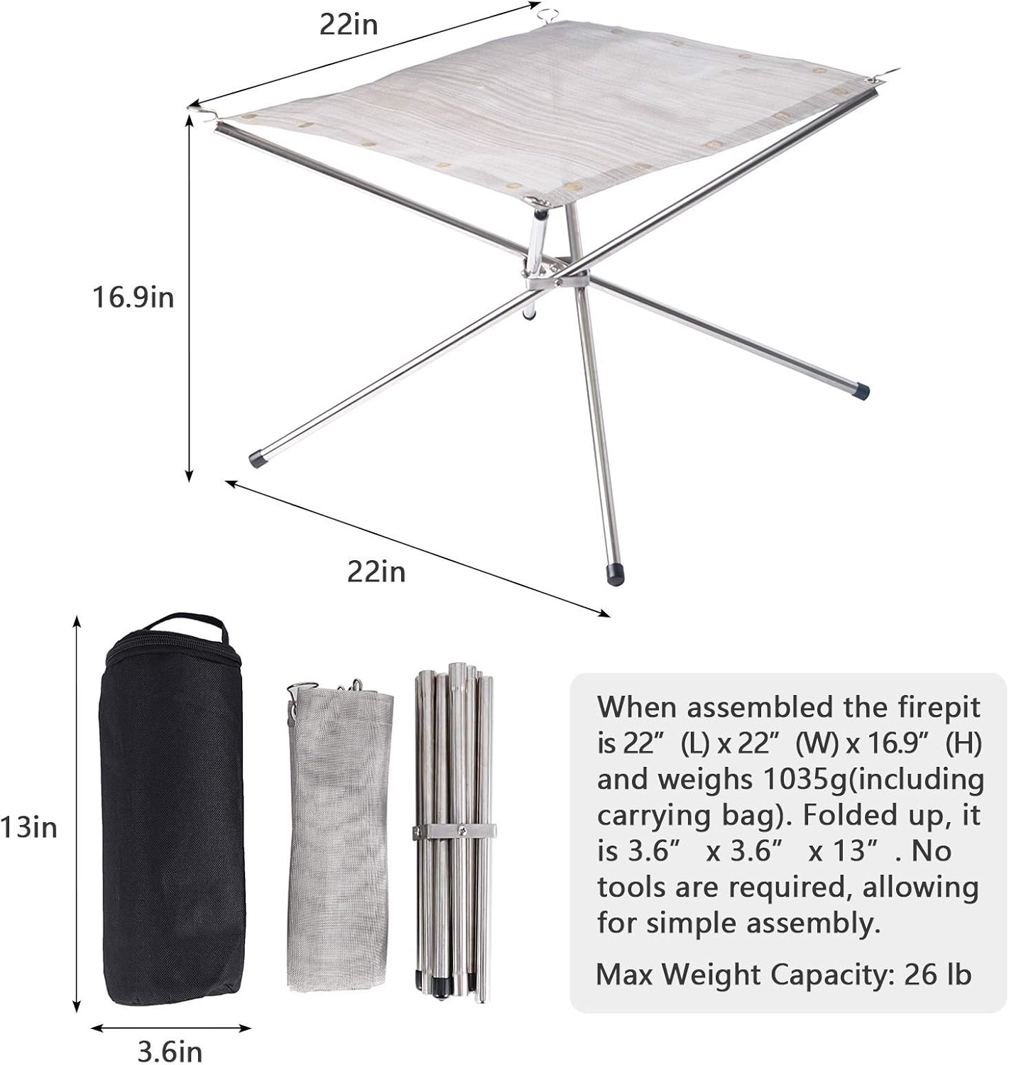 22 Inch Portable Outdoor Fire Pit, Collapsing Steel Mesh Fireplace - Perfect for Camping, Backyard and Garden - Carrying Bag Included image number 3