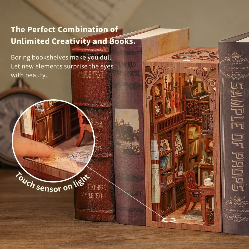 CUTEBEE Book Nook Kit, DIY Miniature House for Adults 3D Wooden Puzzle Bookends with Dust Cover and LED Light - the Secret Rhythm image number 5