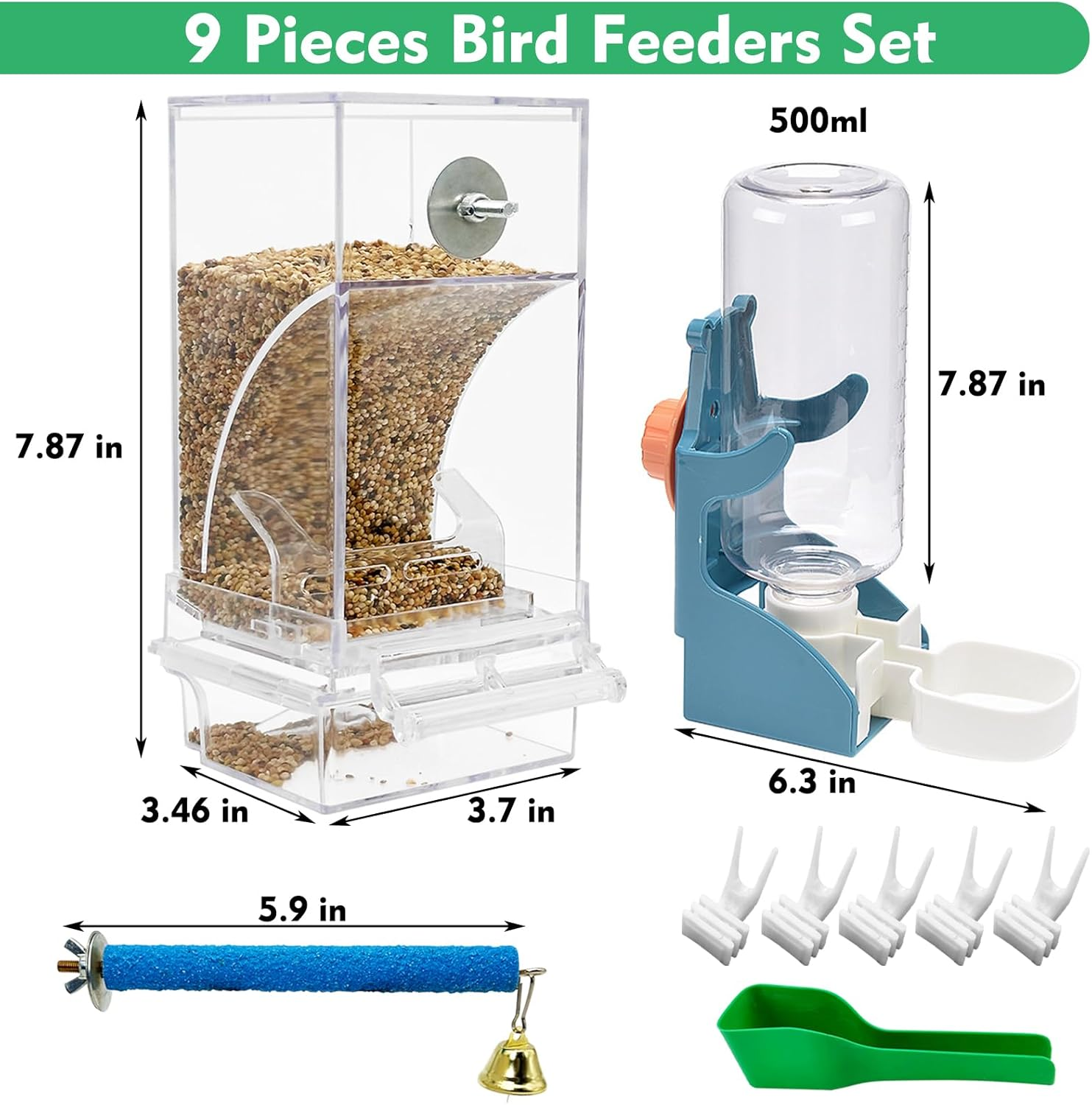 No Mess Bird Feeder Water Dispenser Set of 9 Automatic Parrot Feeder Drinker Acrylic Adjustable Parakeet Seed Food Container Cage Accessories for Lovebirds Finches Budgies Canaries image number 5