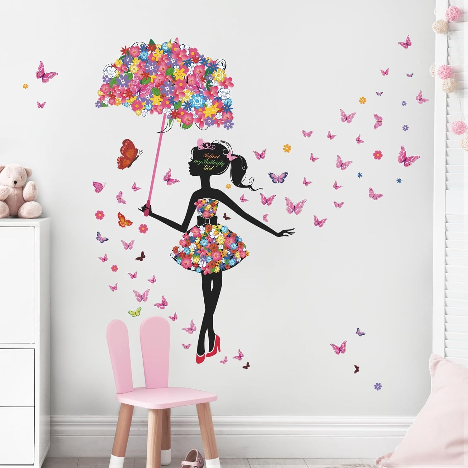 Supzone Flower Fairy Wall Decal Girl with Umbrella Wall Sticker Colorful Butterfly Floral Wall Decor DIY Vinyl Mural Art for Girls Baby Nursery Bedroom Living Room Playroom image number 3