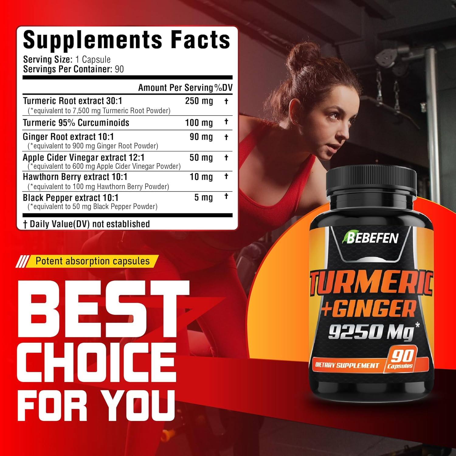 6In1 Turmeric Curcumin Root Ginger Supplement - 90 Capsules for 3-Month Supply - 9250Mg Combined with Apple Cider Vinegar, Hawthorn Berry & Black Pepper - Gluten Free, Non-Gmo image number 3