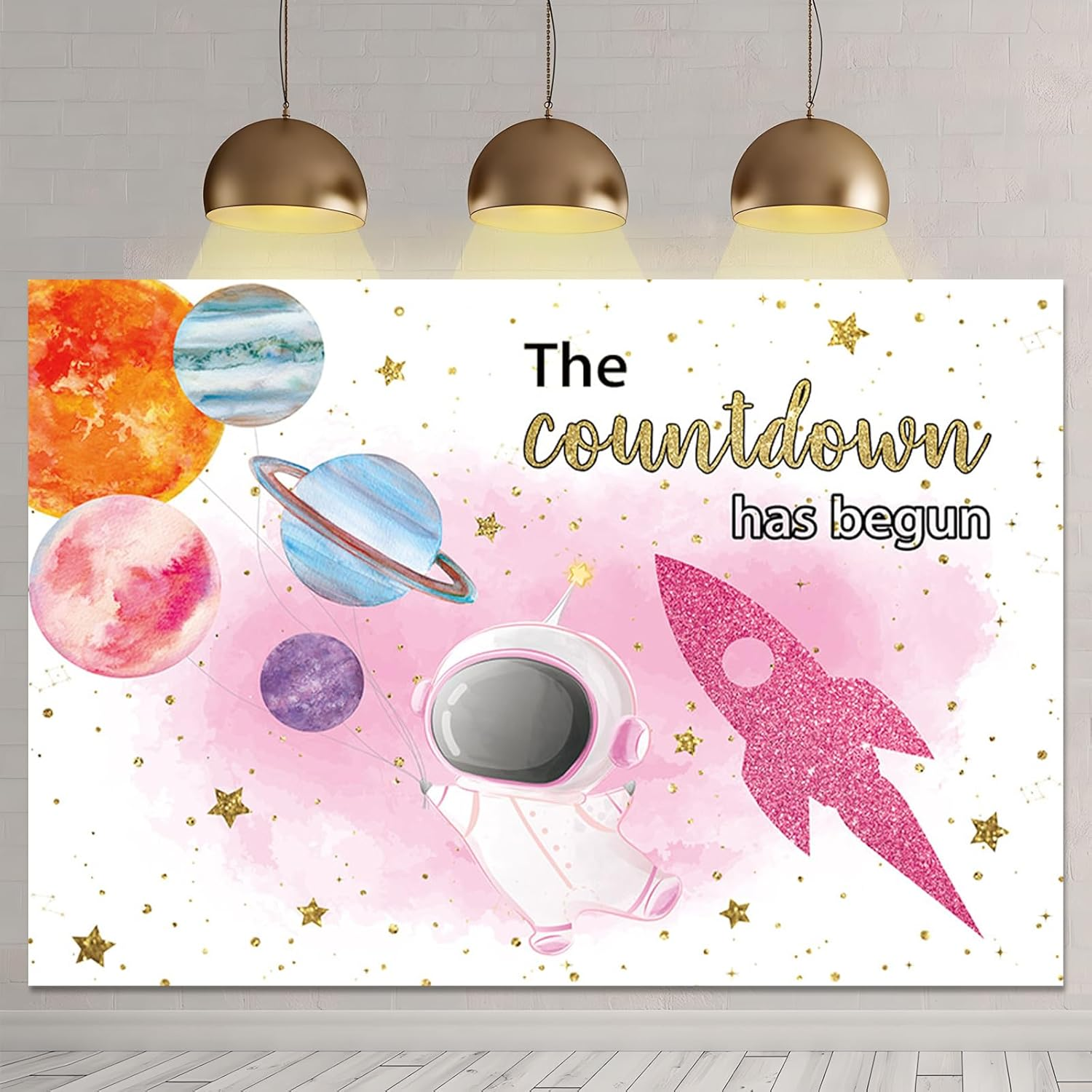 APROPHIC Space Baby Party Background Pink Astronaut Girl Countdown Has Begun Rocket Background, Planet Baby Shower Decoration Banner Photography Background 210 X 150 Cm image number 1