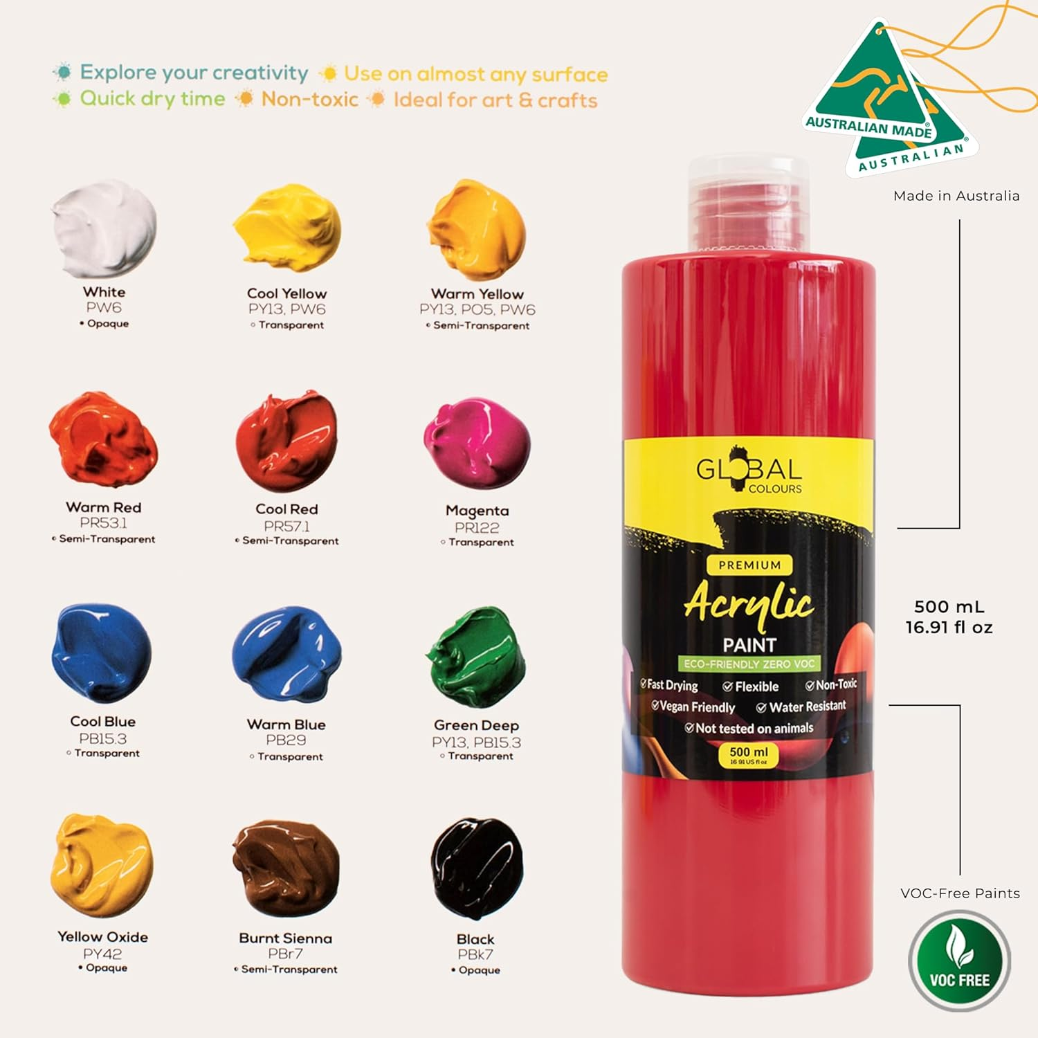 GLOBAL COLOURS Acrylic Paint Set &ndash; 12 X 500Ml Bottles &ndash; Made in Australia | Non-Toxic, Artist Quality Paint for Canvas, Paper, Wood, Ceramics | Ideal for Classrooms, Studios, Mural Projects image number 6