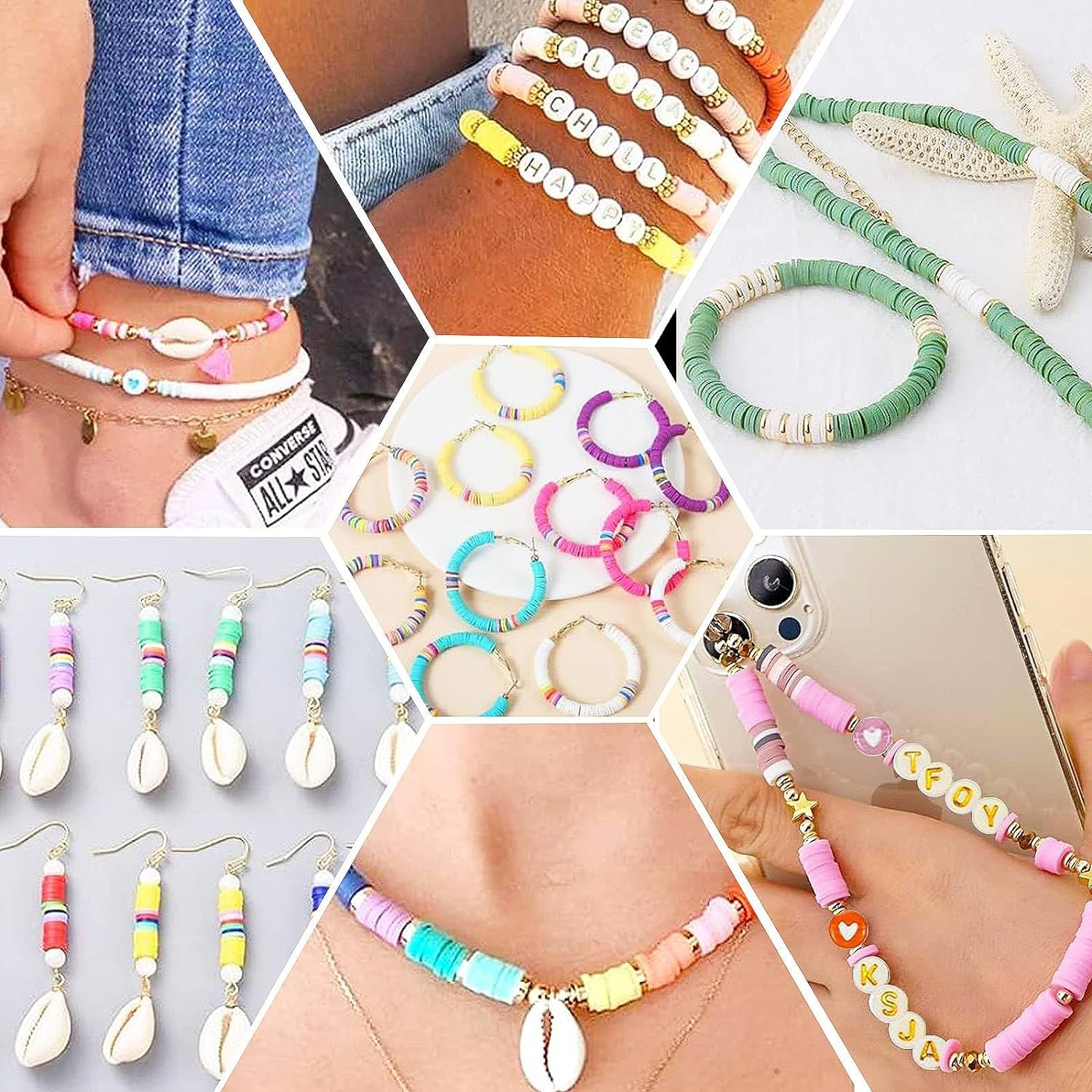 Clay Beads for Jewellery Making Kit, 18000Pcs Craft Kits - 56 Colors 3 Boxes Flat round Polymer Clay Beads with Pendant Charms Kit Letter Beads, Bracelet Making Kit for Girls, Teens, Kids and Adults