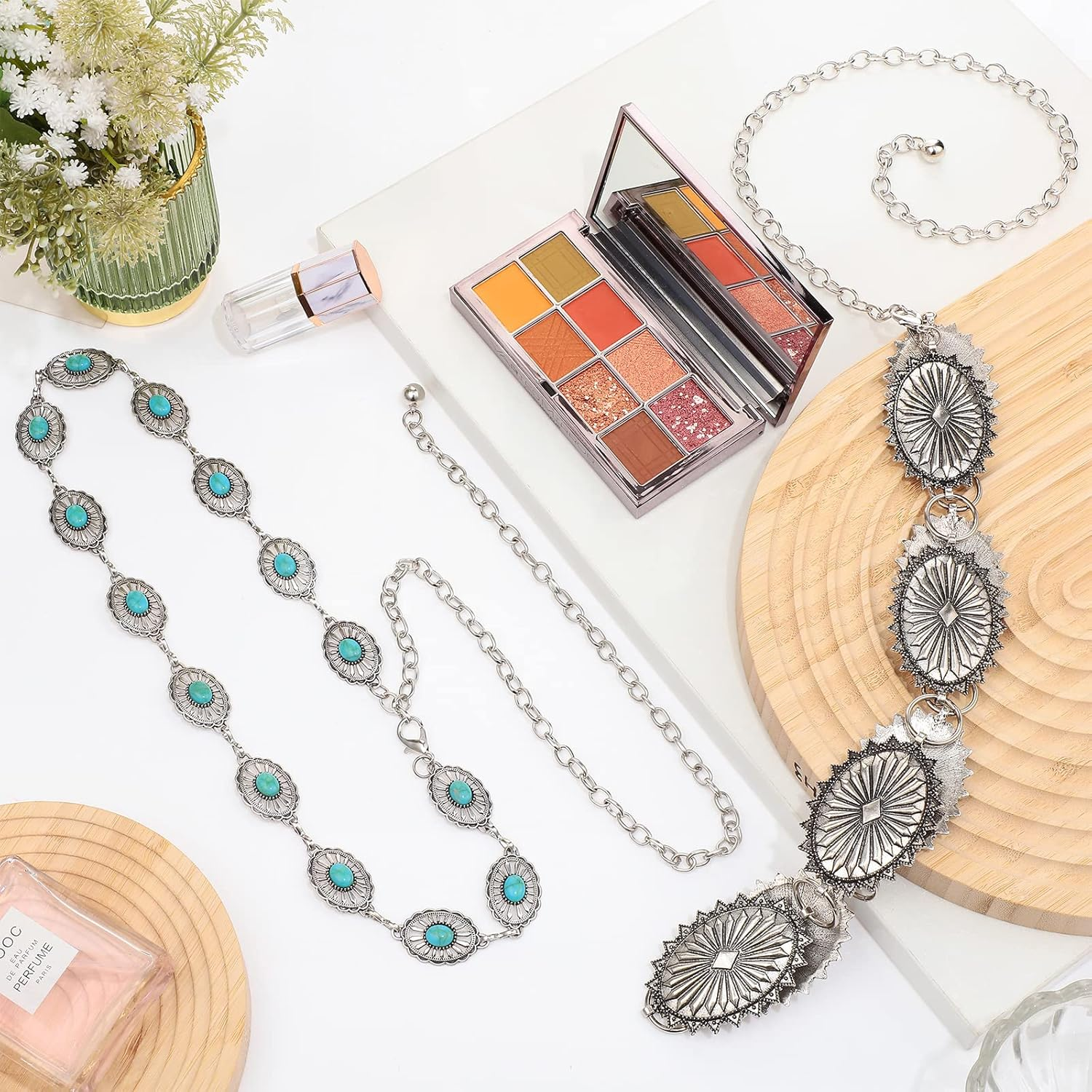 Junkin 2 Pcs Women Concho Western Chain Belts Turquoise Chain Belts Antique Western Waist Belts Country Metal Belt Link Belt