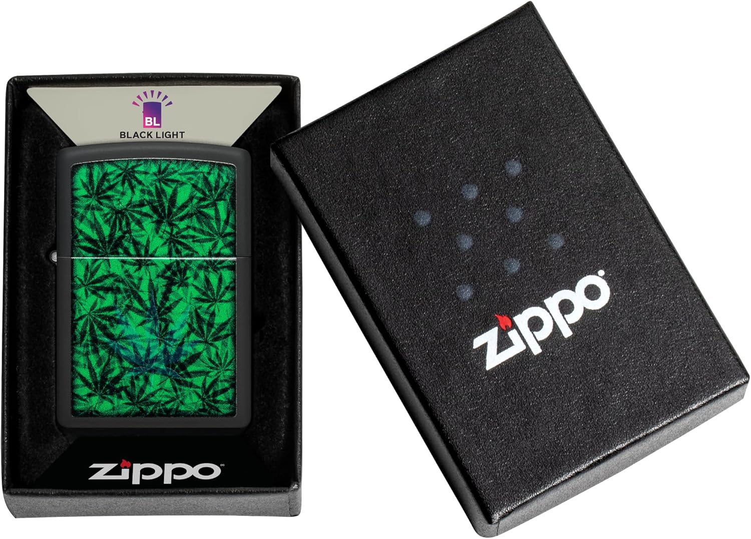 Zippo Cannabis Black Light Windproof Lighter, Black Matte - 540 Tumbled Brass image number 5