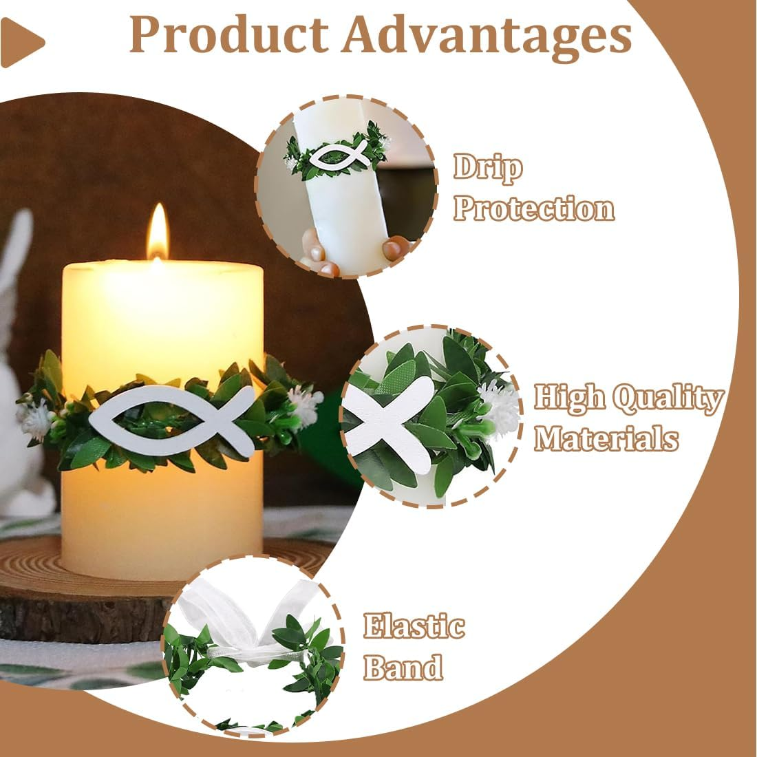 YAYNO Pack of 2 Communion Candles Drip Protection Candle Drop Protection Drip Protection Christening Candles Drip Protection Candle Wreath Christening Candles White Christening Fish Decoration Drip image number 2