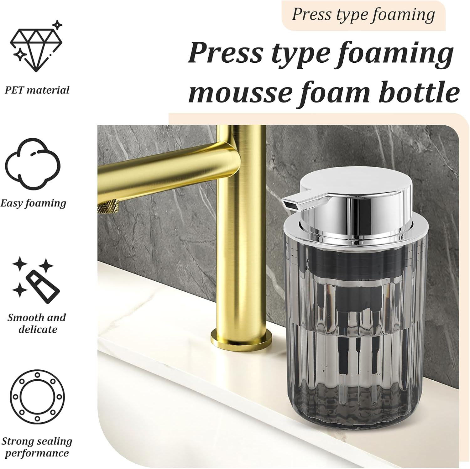 Foaming Soap Dispenser Refillable Foaming Hand Soap Dispenser Delicate Foam Pump Dispenser Clear Soap Foaming Dispenser Kitchen Dish Soap Dispenser for Kitchen Sink & Bathroom Counter (Grey)