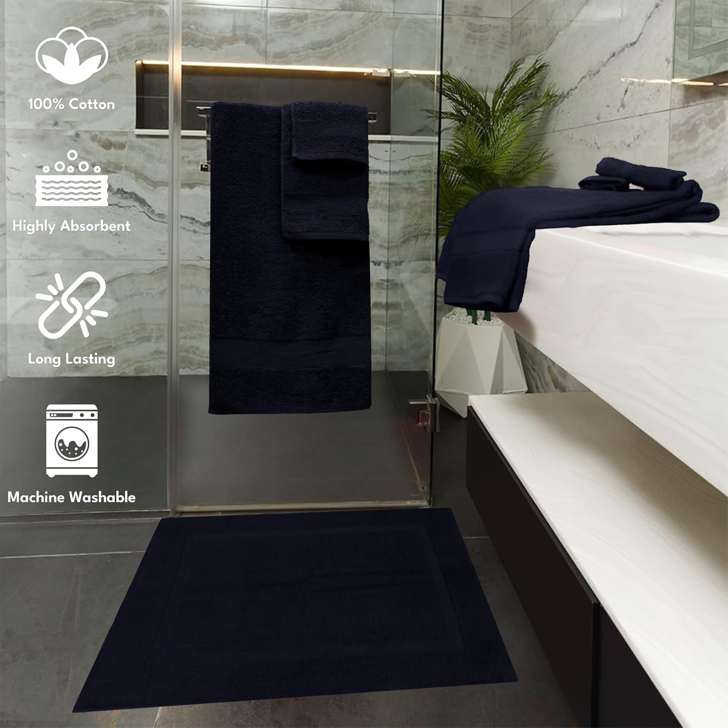 GABA Egyptian Bath Towel 7 Piece Bath Towel Set, 2 Washcloths, 2 Hand Towels, 2 Bath Towels & 1 Bath Mat, Bath Towel Sets with Bath Mat, Egyptian Hotel Bath Towel, Luxury Bath Towels (Navy-Blue) - Black image number 5