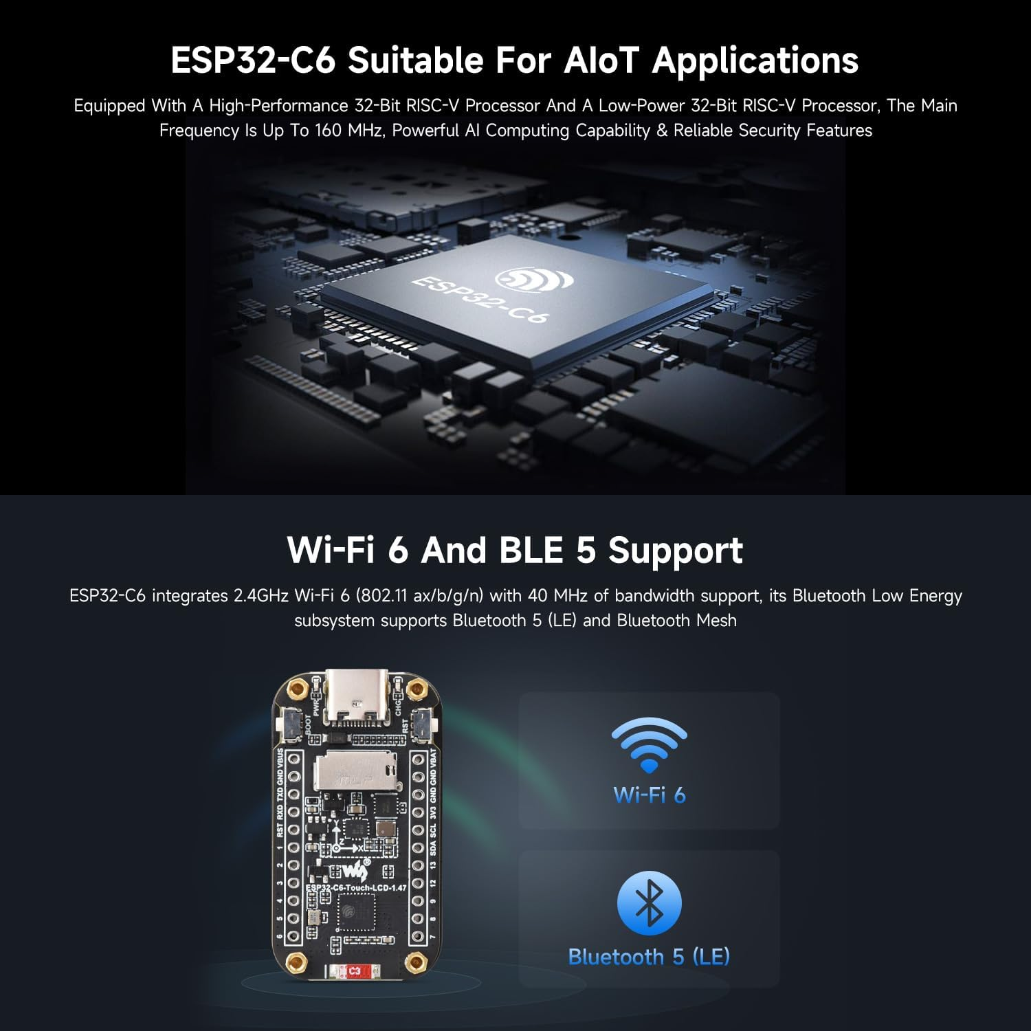 Waveshare ESP32-C6 1.47Inch Touch Display Development Board, 172&times;320 Resolution, 262K Display Color, Supports W-FI 6 / BLE 5, 160Mhz RISC-V Processor image number 1