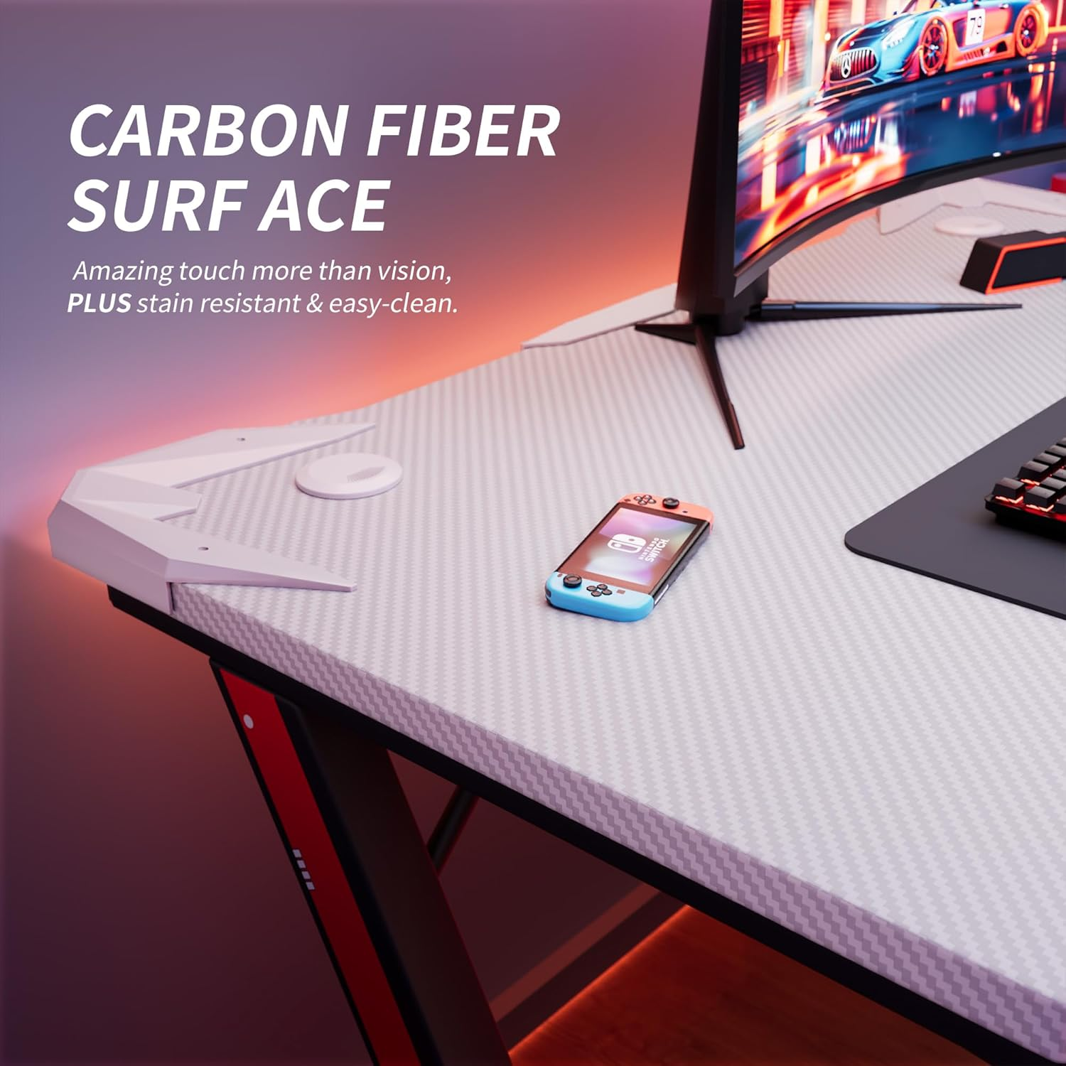 Furmax Gaming Desk Computer Desk Z-Shaped Gaming Table with Carbon Fibre Surface Home Office Desk PC Workstation Desk with Cup Holder, Headphone Hook Modern Style Desk (White, 44 Inch) image number 4