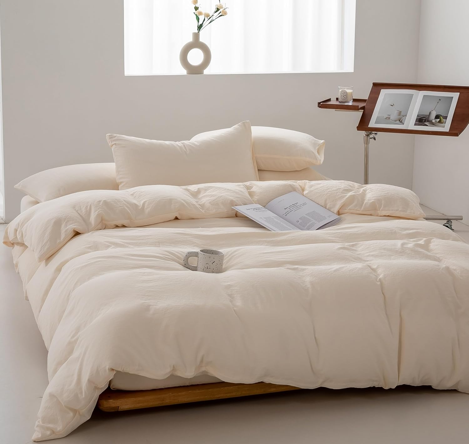 Queen Size Quilt Cover Set 1200TC 100% Washed Microfiber Solid Plain Color Quilt Cover & 2 Pillowcases- Soft and Breathable with Zipper Closure & Corner Ties