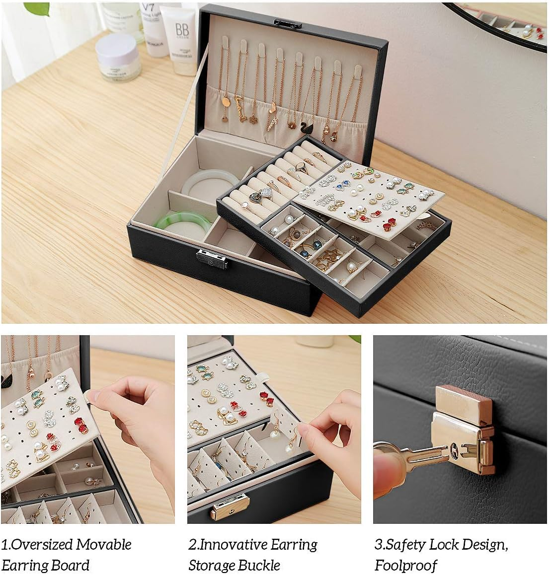 EKKONG Women'S Jewellery Box Travel PU Leather Jewellery Case Small Jewellery Box Girls Jewellery Storage Box for Rings, Earrings, Bracelets and Necklaces (Black) - Black image number 3