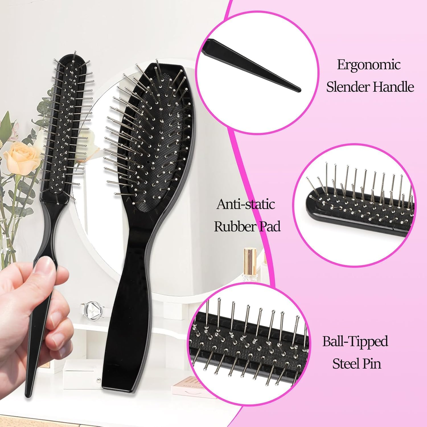 Black Wig Brush Styling Comb Steel Pin Brush, 2Pcs Gentle Wig Brush Steel Bristle Hairbrush, Synthetic Wigs Travel Comb with Bristles image number 5