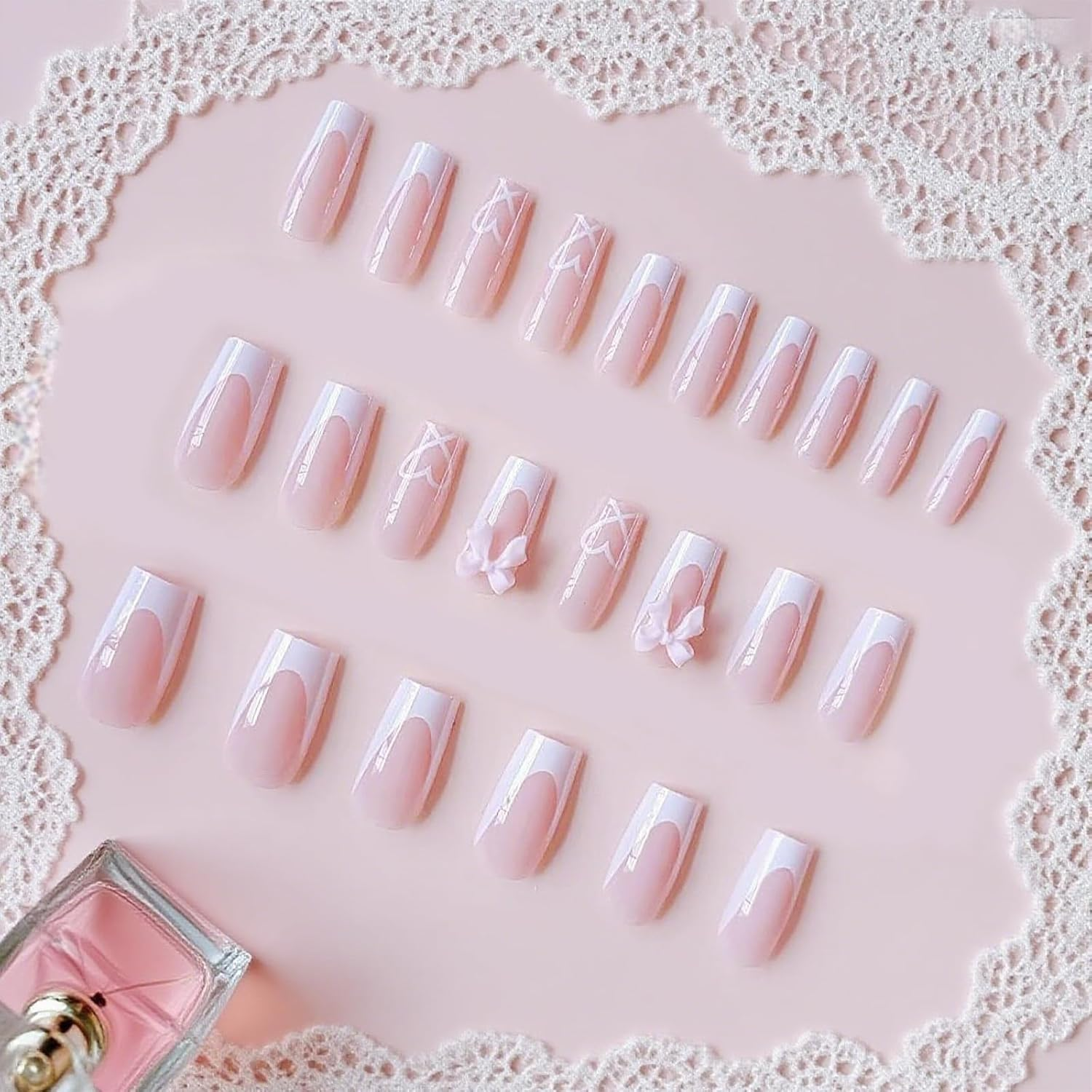 French Tip False Nails, Acrylic Full Cover Fake Press on Nails for Women Girls, Square Long Nude Color Stick on Nail Art Manicure Decorations (#1) image number 4