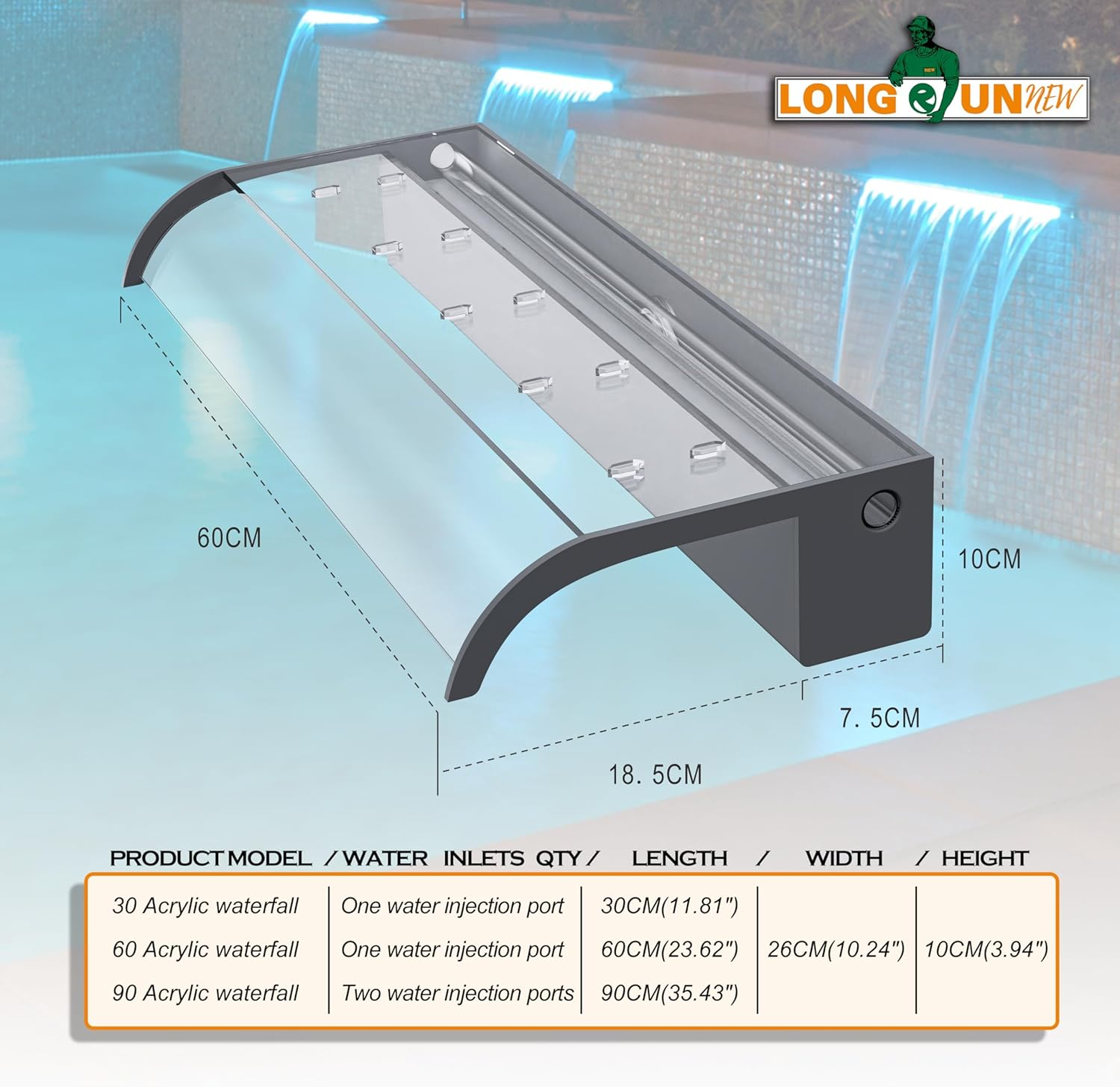 Pond Waterfall Blade Kit, 60Cm Acrylic Pool Fountain with Accessories, Width 18Cm Curved Outlet Spillway for Garden Patio Pond Decoration image number 3