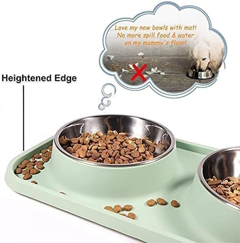 Cat Food and Water Bowls, Bowls Non-Skid and Non-Spill Silicone Mats with Stand, Removable Stainless Steel Water Dishes for Cats, Small Size Dogs