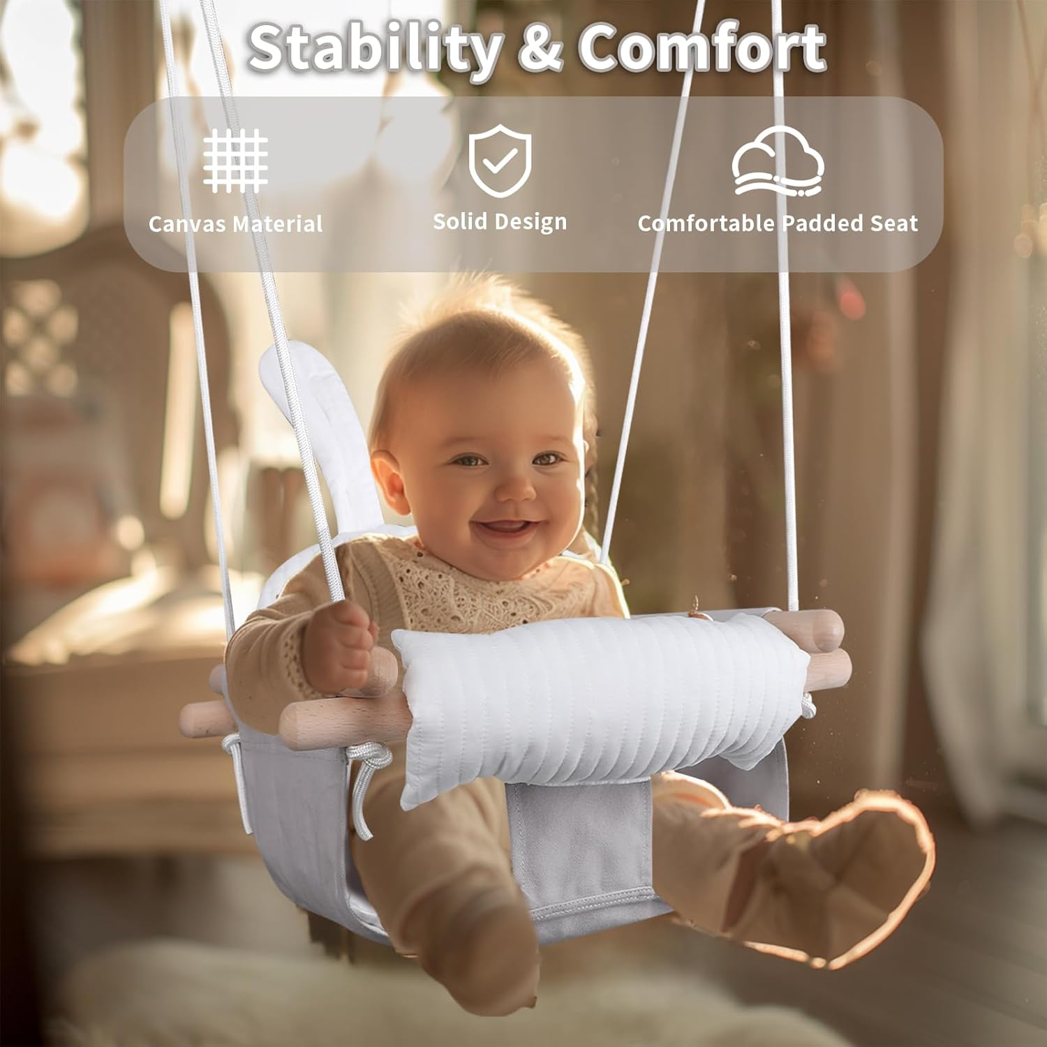 GFU Baby Swing, Canvas Swings for Infants Outdoor Indoor & Indoor, Toddler Swing for Indoors, Secure Wooden Hanging Swing Seat, Hammock for Indoor Playground, Grey Tree Swings or Backyard image number 6