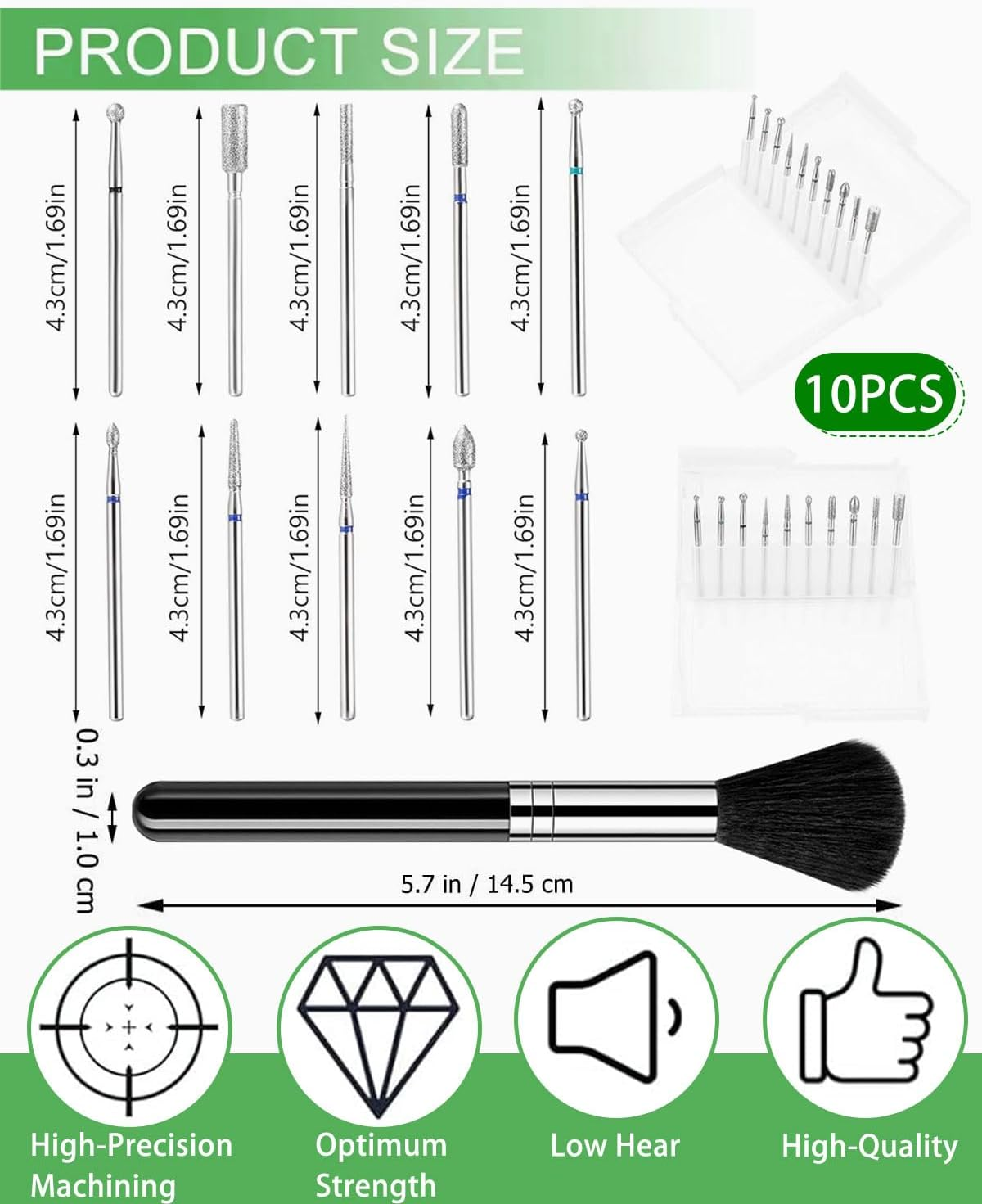 TPZORJX Nail Cutter Bits, 10 Pieces Nail Cutter Bit, Diamond Cuticle Ceramic Bits for Nail Cutter and Ceramic Acrylic Gel Nail Cutter Bits, with 1 Brush, Carbide Cuticle Cutter Bit for Gel Nails image number 1