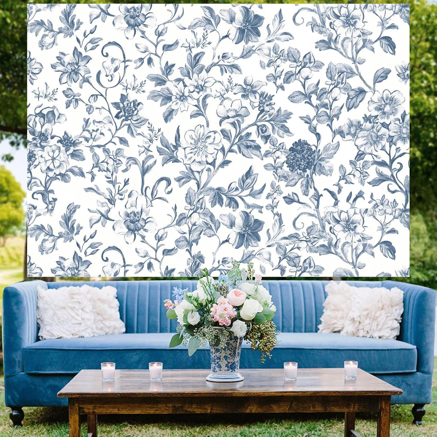 Wonmelody Blue Chinoiserie Party Decorations 7 * 5 Ft Blue Chinoiserie Backdrop Blue Floral Safari Birthday Baby Shower Backdrop Decor for Floral Blue Chinoiserie Birthday Wedding Bridal Shower image number 4