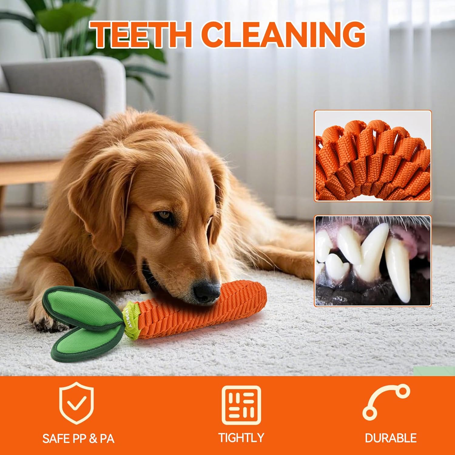 AUSCAT Dog Rope Toy, Durable Tug of War Toy with Squeaker, Braided Teething Toys for Small Medium Large Dogs, Carrot Shape image number 6