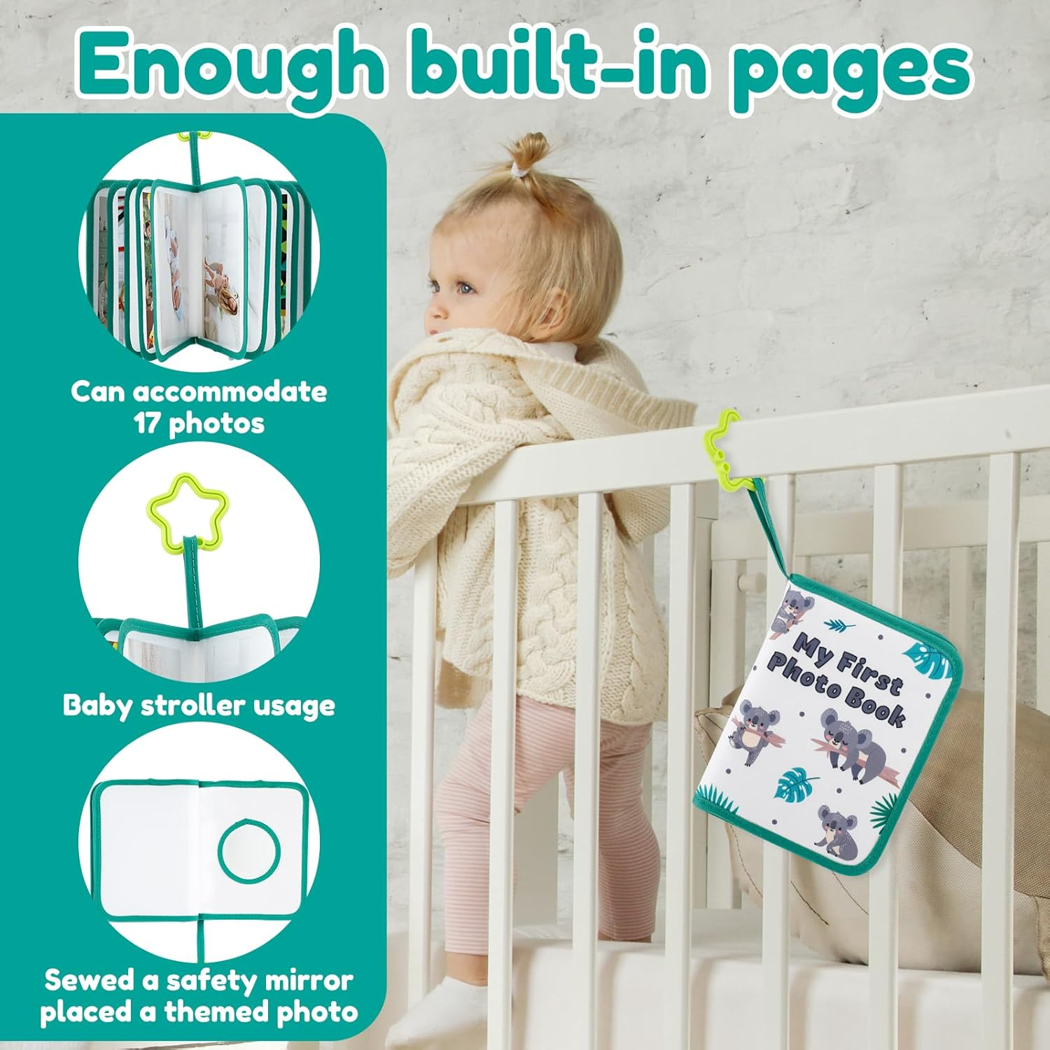 Soft Cloth Photo Book - Cloth My First Photo Book Free Illustration Baby Photo Album with Plastic Star Hook inside Smooth Page First Year Memory Album Safe Photo Album for Baby (Green) - Blue image number 3