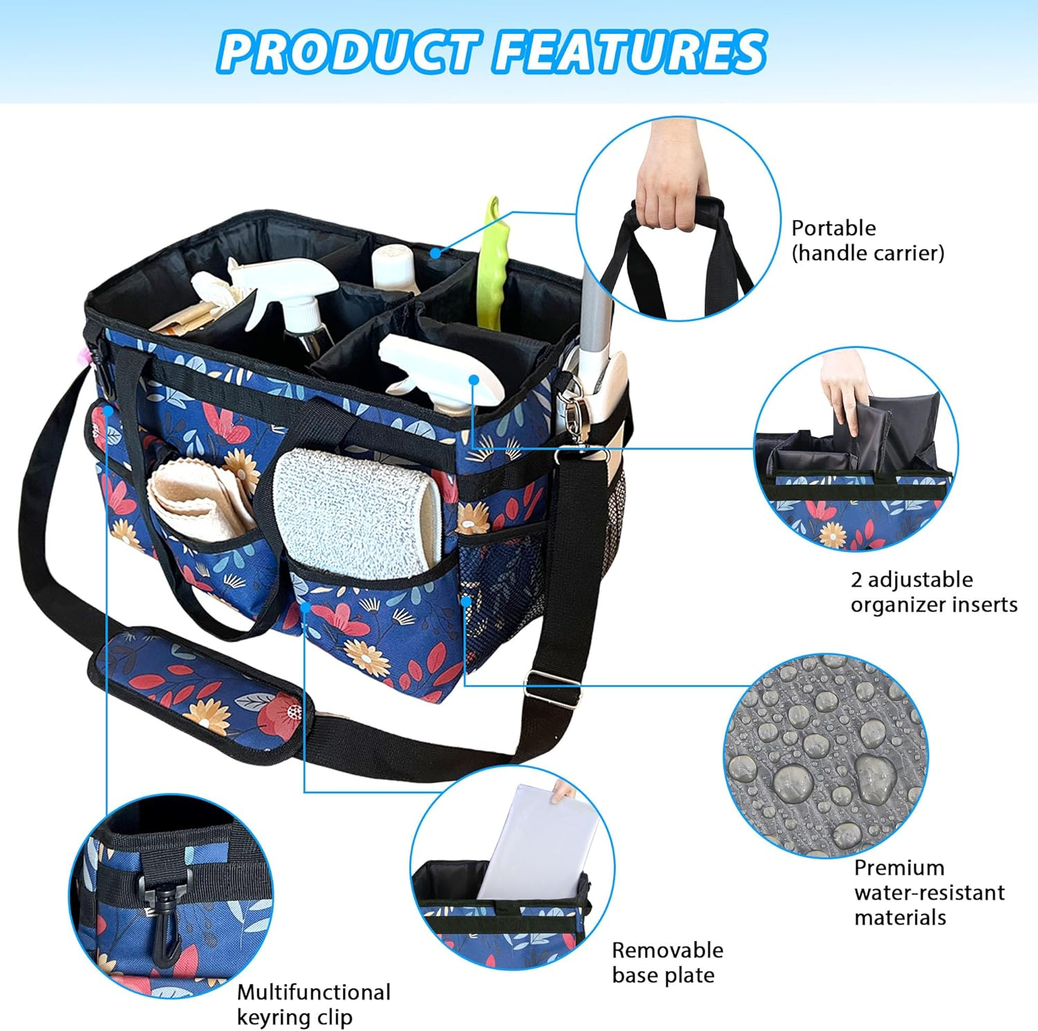 Cleaning Caddy Bag, Cleaning Caddy Organiser with Handle, Large Caddy Bag for Home, Car and Bathroom, Cleaning Supplies, Household Handbag with Adjustable Shoulder Straps (Blue) image number 2