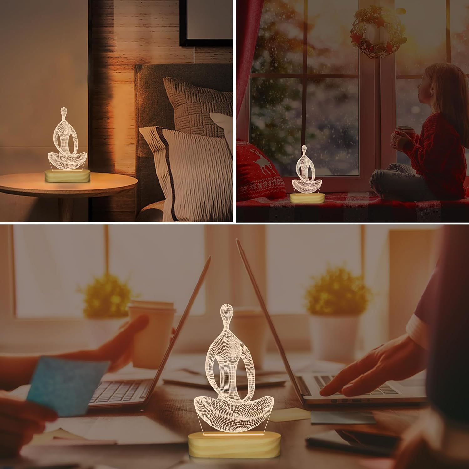 Lightzz Yoga Lamp LED 3D Art Night Light for Girls Women Meditation Lovers Birthday Gifts,Usb Power Warm Color Wood Base Table Lamps image number 2