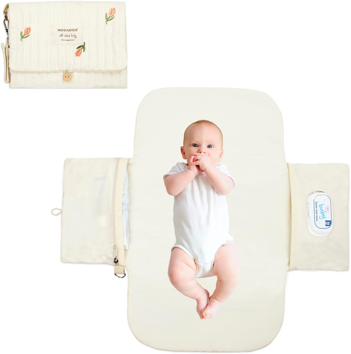 Portable Diaper Changing Pad, With, for Newborn Girl & Boy with Smart Wipes Pocket, Easy-Clean, Waterproof, Soft, Comfortable Foldable Baby Changing Pad (Bear)