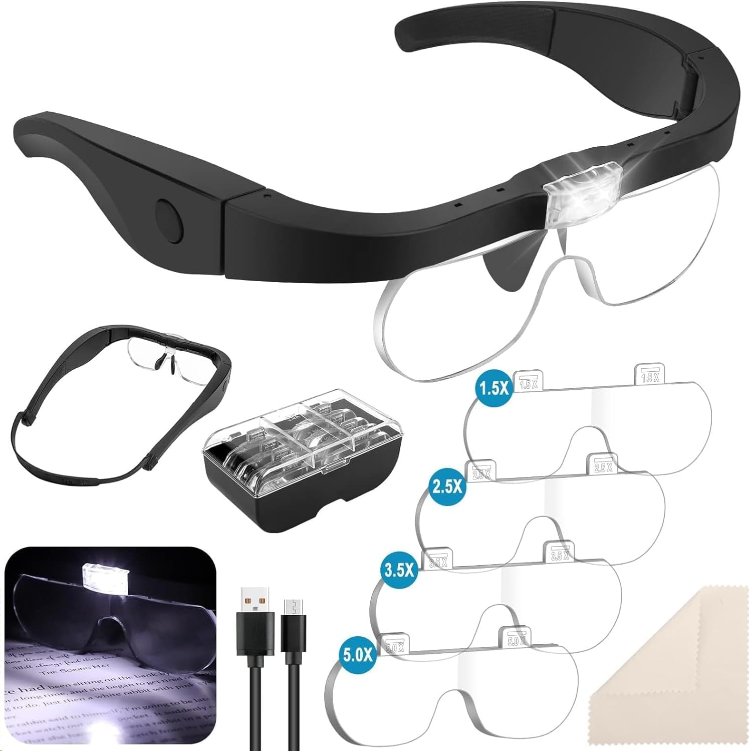 Headband Magnifier Glasses with Light, Handsfree LED Illuminated Head Mount Magnifying Glass with 4 Detachable 5H Hardness Lenses for Watch Electronic Repair Reading Sewing Jewelry Craft, 1.5X to 5X image number 3