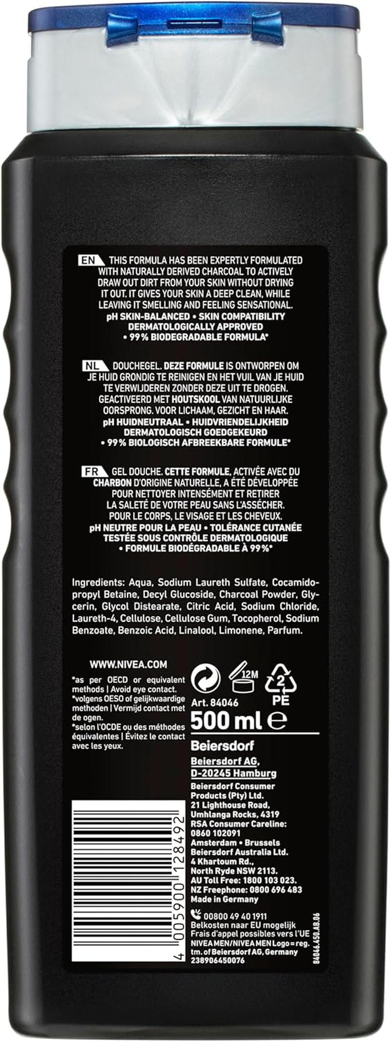 NIVEA MEN Active Clean Shower Gel 500Ml | with Active Charcoal to Revitalise Skin | Men'S 3-In-1 Body Wash for Body, Face & Hair | Gentle Cleanser | Lasting Freshness image number 6