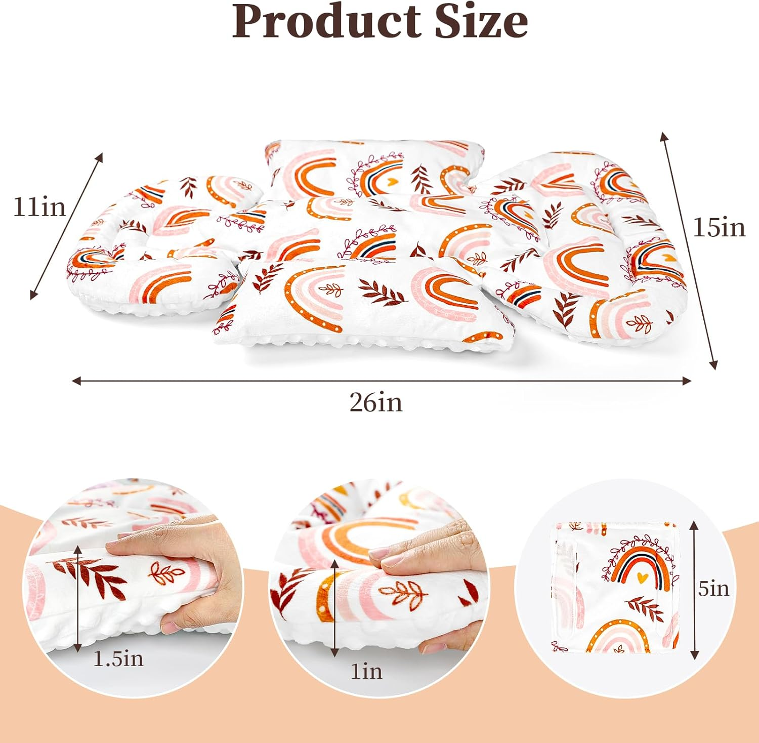 Pea Pod Infant Car Seat Insert with 3 Strap Covers, 3 in 1 Reversible Rainbow Baby Car Seat Head Support for Newborn, 3D Soft Carseat Cushion for Preemie to Infant, Stroller, Swing, Bouncer image number 6