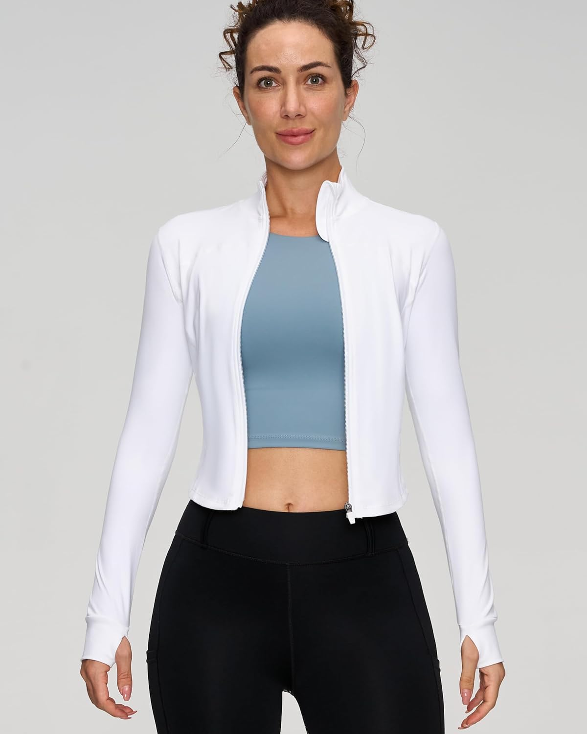 Women'S Lightweight Cropped Workout Jacket with Thumb Holes and Zipper Guard, Grey, XS-XL