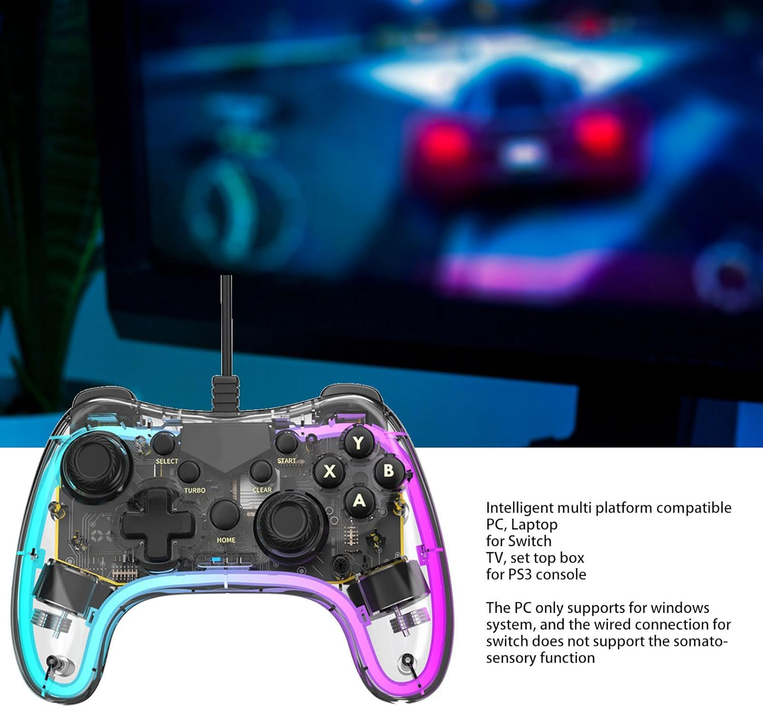 Wired Controller for Switch, PC, PS3, IOS, OS X, Wired Game Controller with RGB Light, 6 Axes Gyroscope Burst Wake up Function Transparent Gamepad for Switch for PS3 PC image number 5