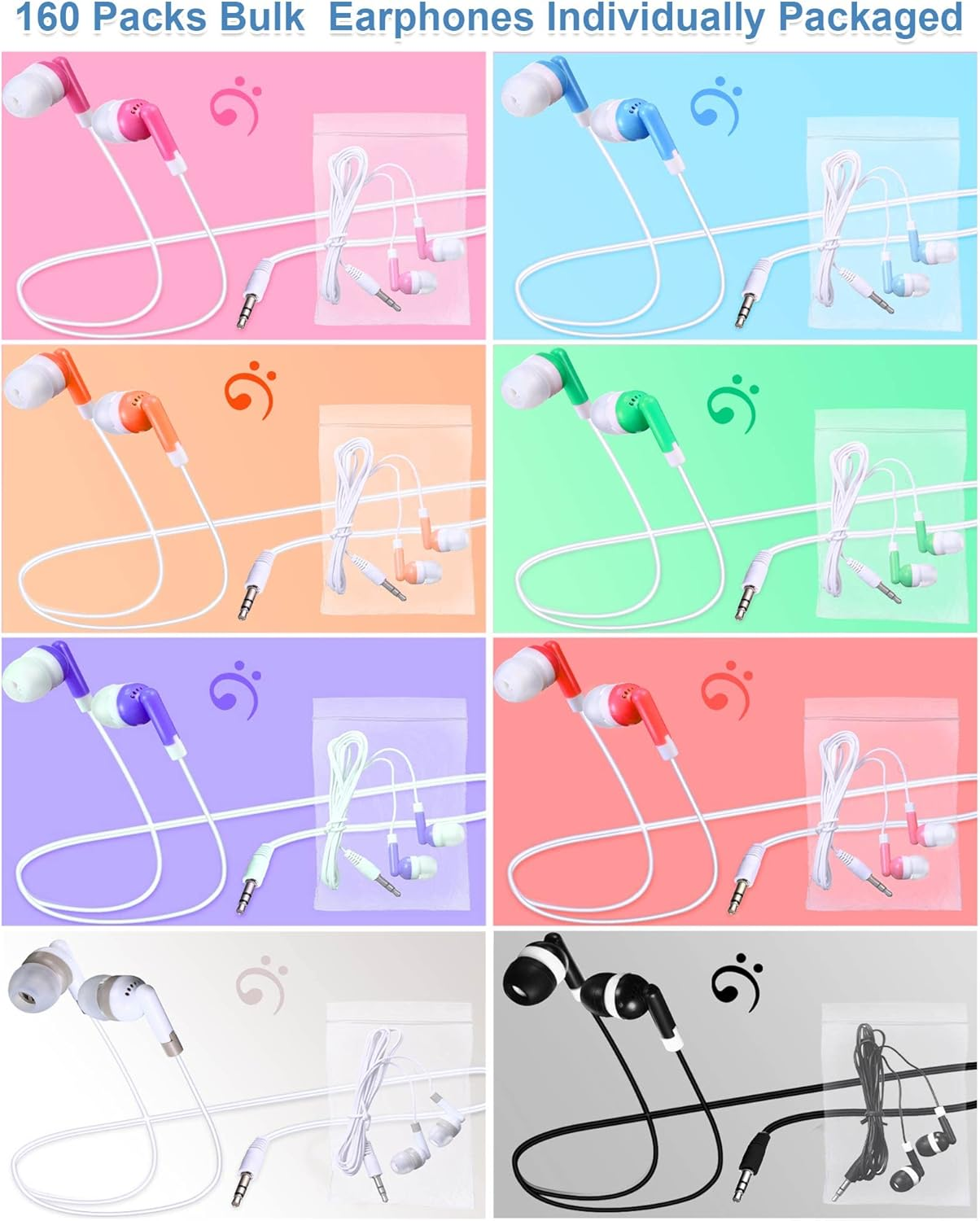 160 Packs Colorful Wired Earbuds, Colored Student Earphones with Individual Bag Disposable Headphones for Kids Children Students Classroom School Library Laptop, 8 Colors - Colorful image number 2