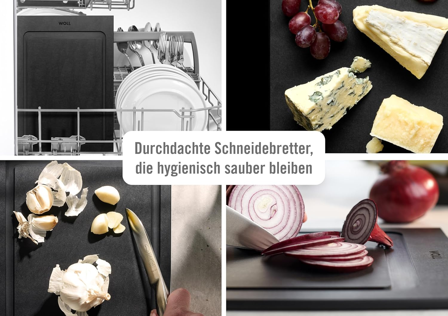 Woll Cut & Serve 4-Piece Chopping Board Set with Holder, Made from FSC Certified Paper Composite, BPA and VOC Free, Heat Resistant up to 175&deg;C, Dishwasher Safe, Matte Black