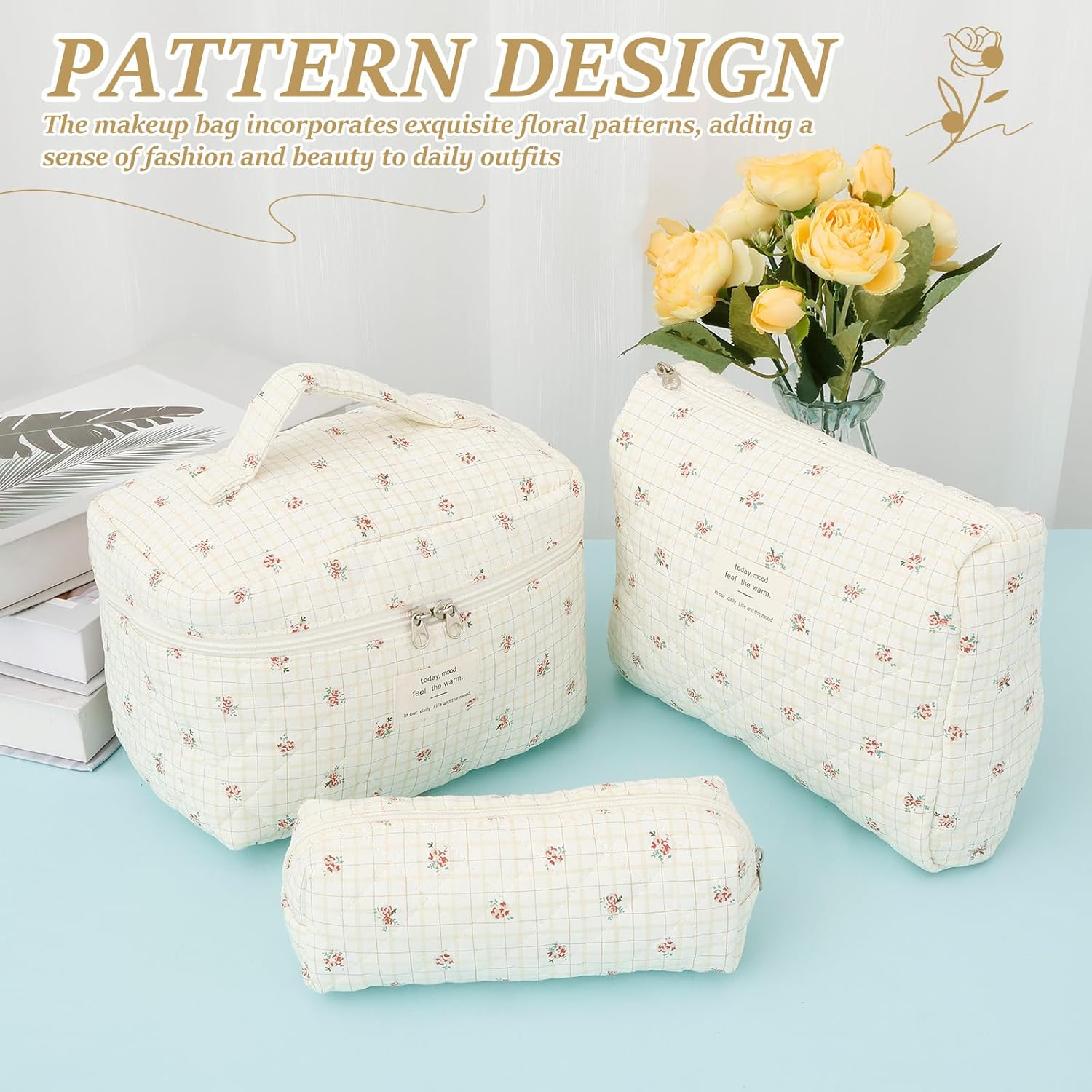 Rdjeokf 3 Pcs Makeup Bag, Large Portable Cotton Toiletry Pouch Tote, Cute Aesthetic Travel Cosmetic Bag, Cosmetic Organizer, Makeup Pouch for Women Girls, Ideal Mothers Day Gift (Style 1) image number 6