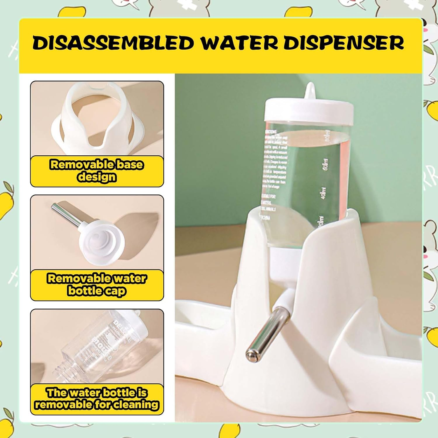 SUSOO 3-In-1 Hamster Water Bottle and Food Dispenser Set, Automatic Leak-Proof Waters Feeder for Small Animal Cage Accessories, Stand Water Bottle Holder for Hamsters, Rats, Guinea Pigs,Rabbits (80Ml) image number 2