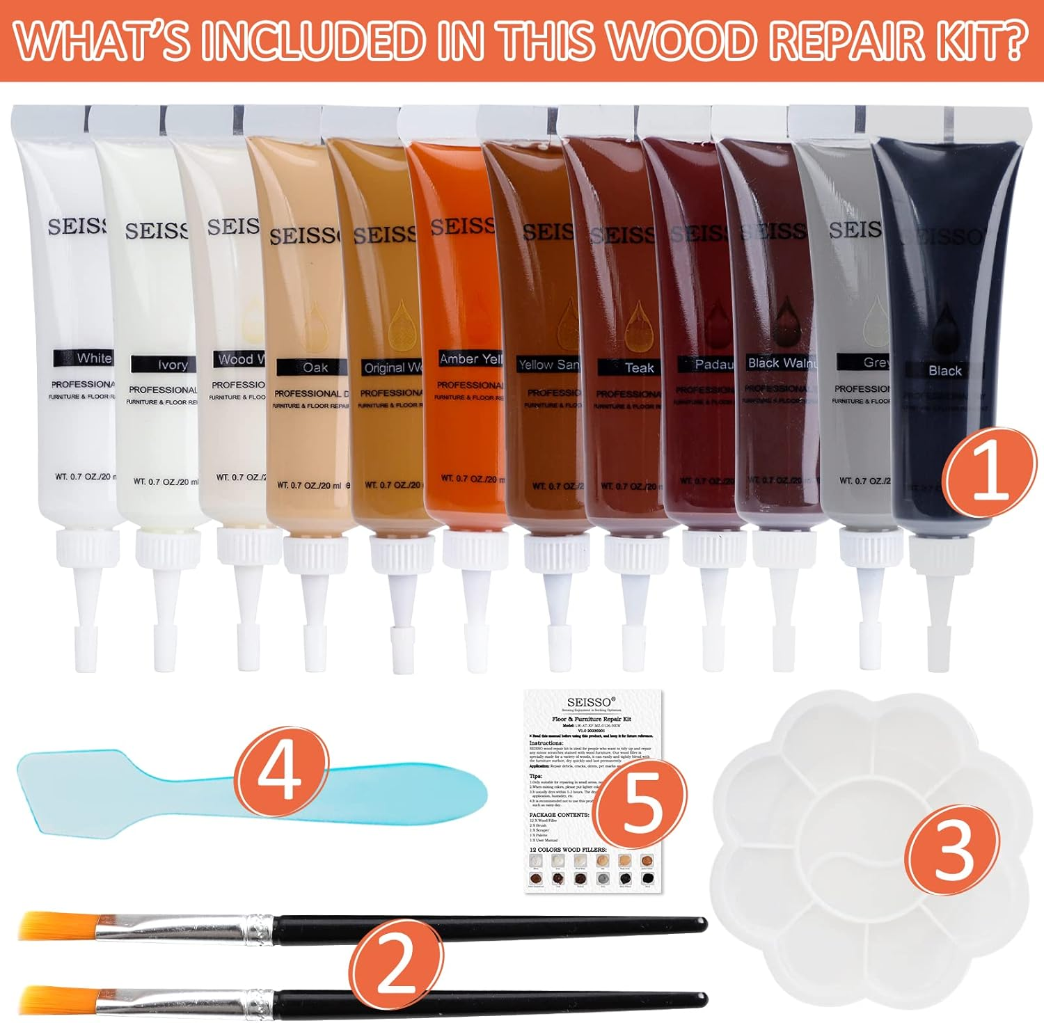 SEISSO 12 Colors Wood Scratch Repair Kit, Wood Filler Putty Furniture Markers Touch up Vinyl Floor Repair Kit - Restore a Finish, Cover Hardwood Scratches, Cracks, Hole, Table, Door image number 6