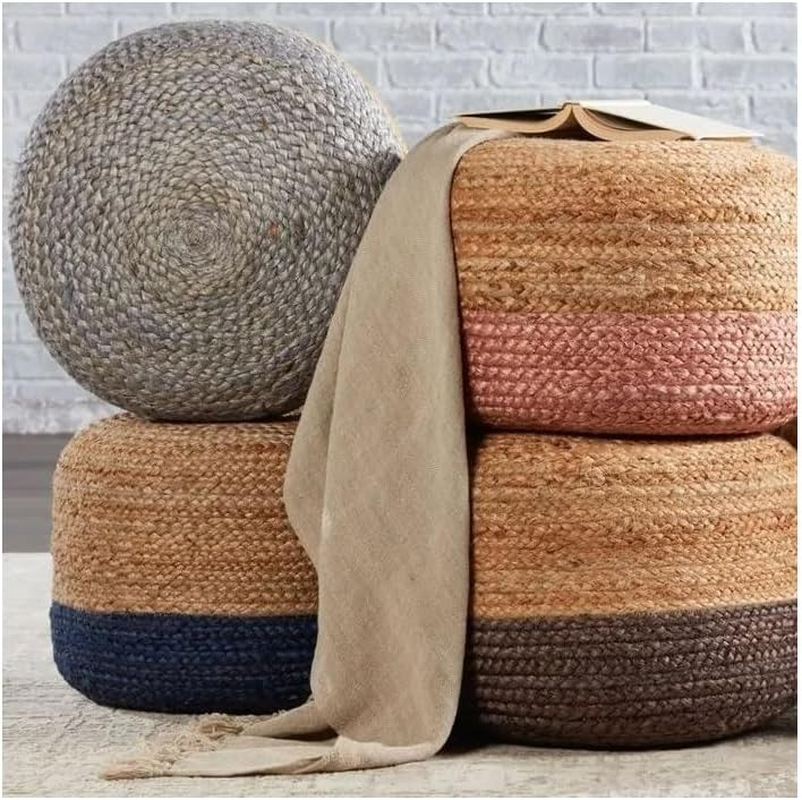 La'Grace Home Ombre Hand Braided Jute Cotton Pouf Ottoman, Jute Charcoal