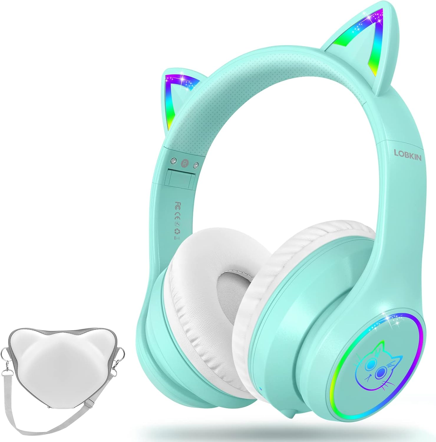 LOBKIN Bluetooth 5.4 Kids Headphones with Case - RGB LED Light up Cat Ears Foldable Adjustable On-Ear Headset Support Wireless or 3.5Mm Wired Mode for Toddler & Girls & Boys Teens (Purple)